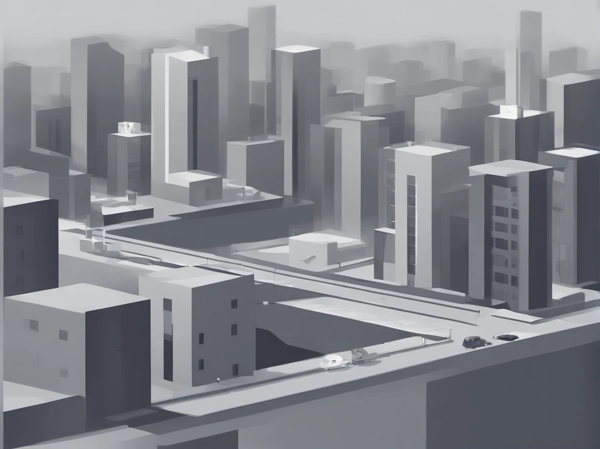 Front view of minimalistic city, gray, dystopian, geometric, isometric, dull, indie game art, sad, lonely, side view of streets and road and buildings