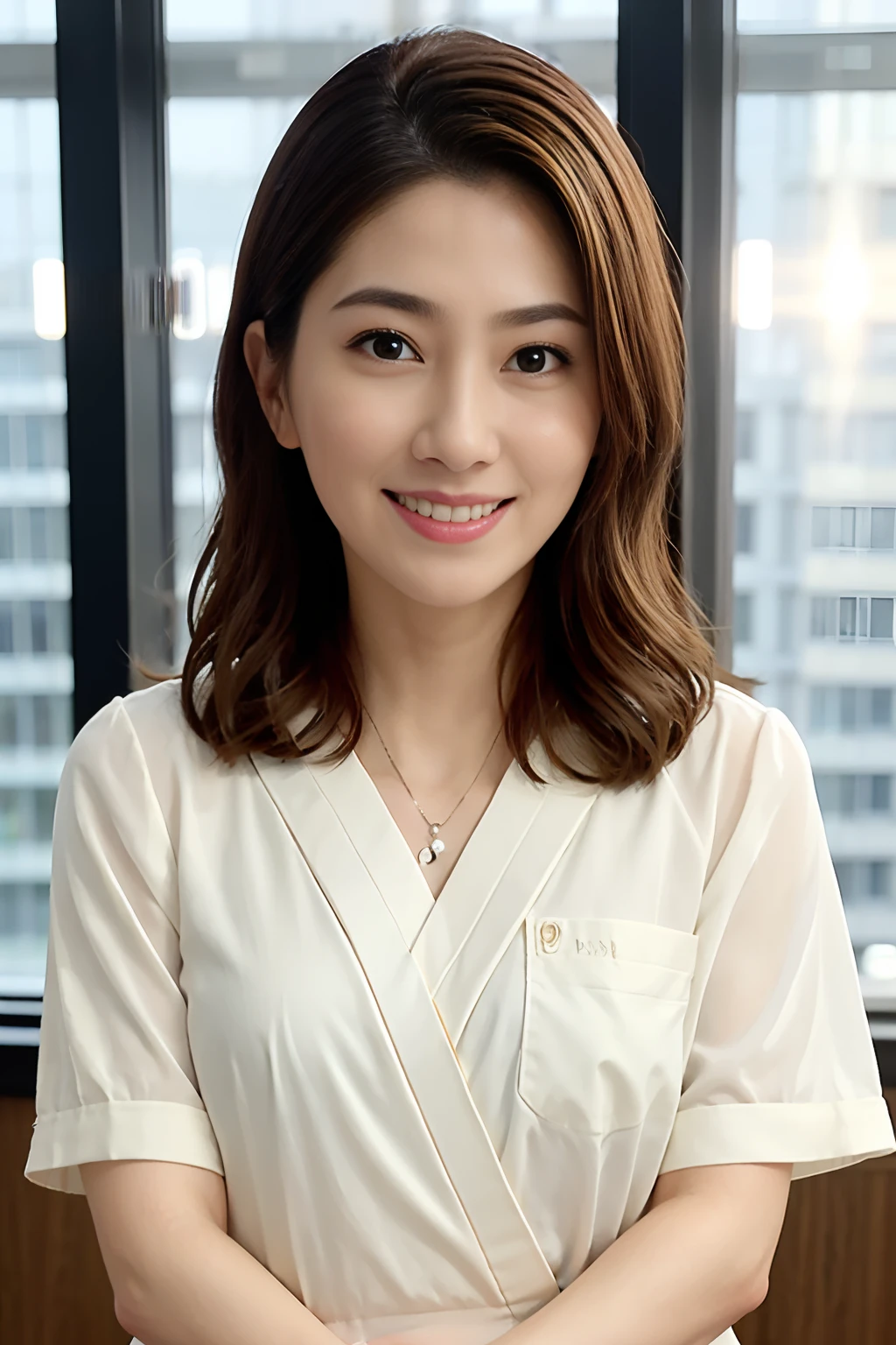 shopping mall, Long blonde fringed hair, Brown eyes, 1girll, doctor, Neck stethoscope, Smile, Innocent, 100mm lens, (Photorealistic, Lens flare:1.4), Look to the right,  as a doctor, uniform, (Intricate details:1.2),(Masterpiece, :1.3),(Best quality:1.4), (超高分辨率:1.2), 超高分辨率, (Detailed eyes), (Detailed facial features), hdr, 8K resolution, (stethoscope), Far view, Reflection on the floor, Low cut open cloth