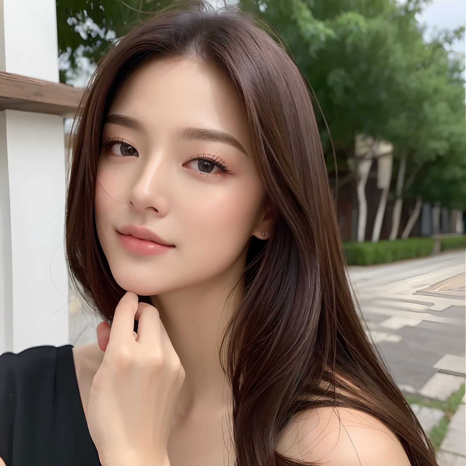 (top-quality、​masterpiece:1.2)、femele、portlate、outside of house、bustshot、Sexy eyes、stare、soft lips、Sexual facial expressions、cabelos preto e longos、Brown eyes