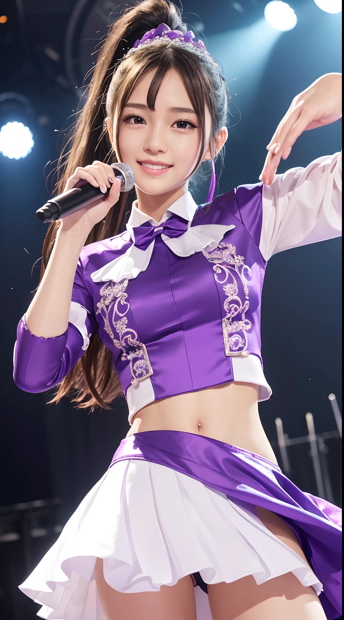 masterpiece、1 Beautiful Girl、A detailed face、A detailed eye、Detailed skin、Detailed hand、top-quality、Illuminated from the front with bright lighting、profetional lighting、Facing straight ahead、The background is a little blurry、The costumes are idol costumes like AKB48(Check short skirt、Jacket feather hair ornament、Cute tie)、Trendy Korean Cosmetics、Amazing smile、Dancing on a live stage、
Some of the costumes and hair ornaments are purple、
Hairstyle is ponytail、
Age is 、
Has a young face、
Left arm spread wide、