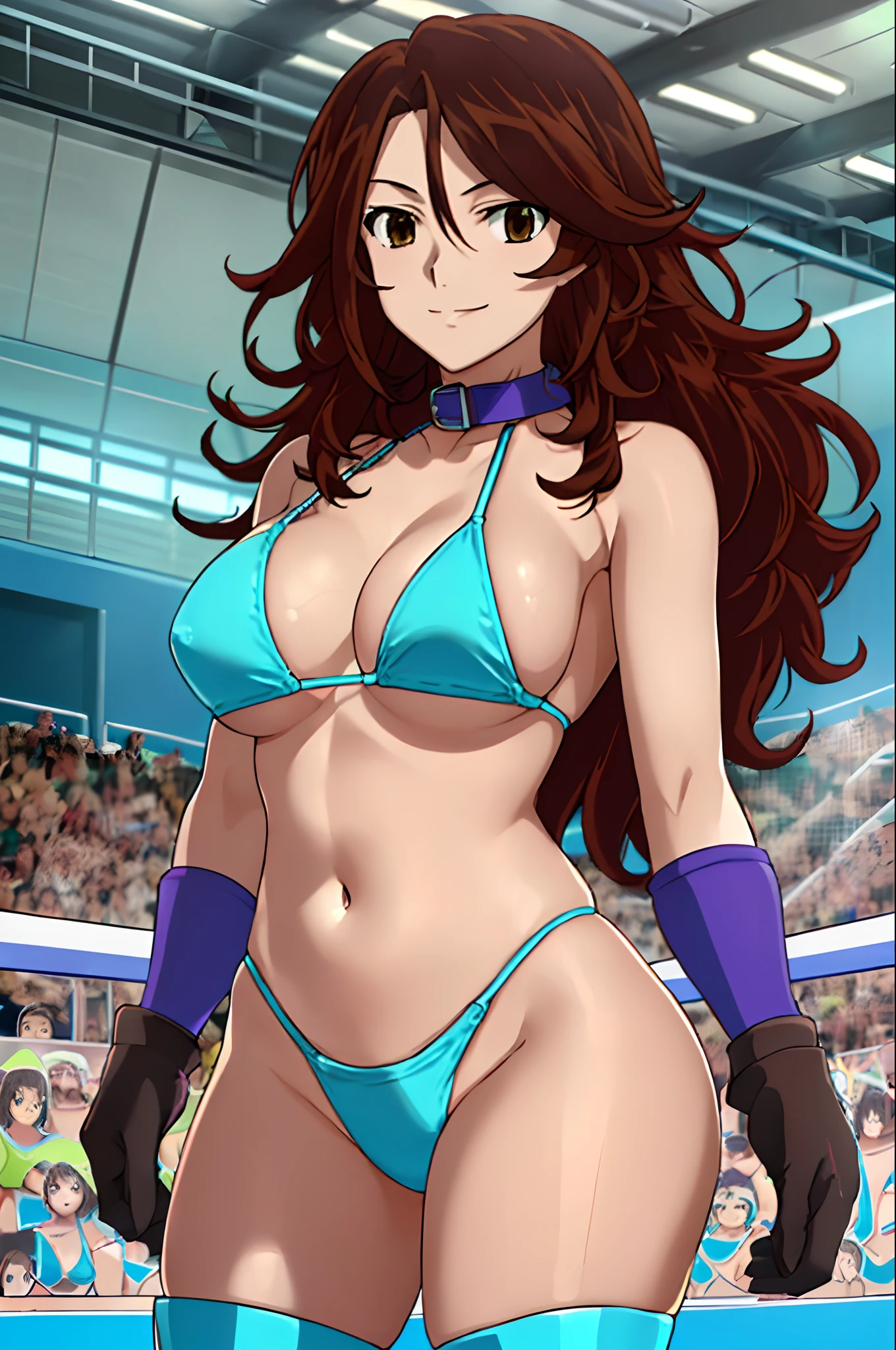 cowboy shot, upper body view, anime style: 1.8, anime drawing, ultra detailed face, ultra detailed body, 4k, Sumergai Lee Noriega, (standing), best quality, anime style, hires, highest definition, digital blending, bold drawing lines, ((slender body, female wrestler), (location: wrestling arena, crowds watching), (slender body, broad shoulders), mature woman, ((blue wrestling gear: blue micro bikini, boots, gloves, collar band, black bikini)), victorious, winner, smile, (big breasts), (big eyes, brown eyes), (warming up), (curly hair, wavy hair, long hair, missy hair), 27 years old,