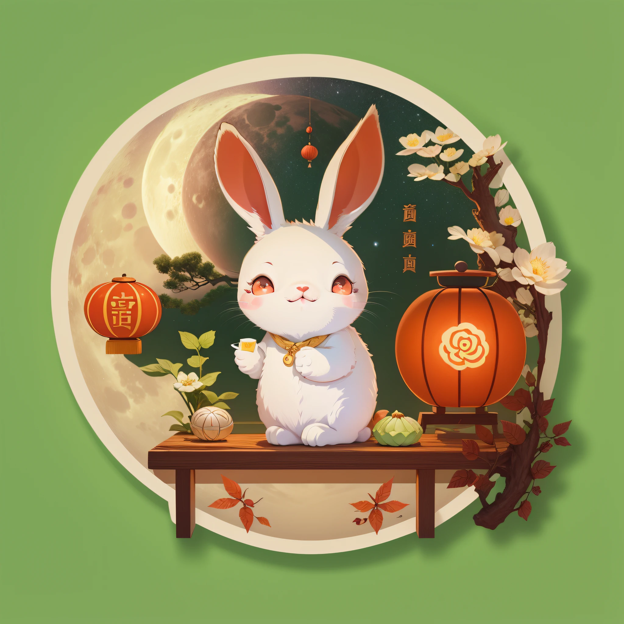 A cute rabbit sticker, red eyes, a full moon, mooncake，a Chinese Classic Room. It's night but it's bright