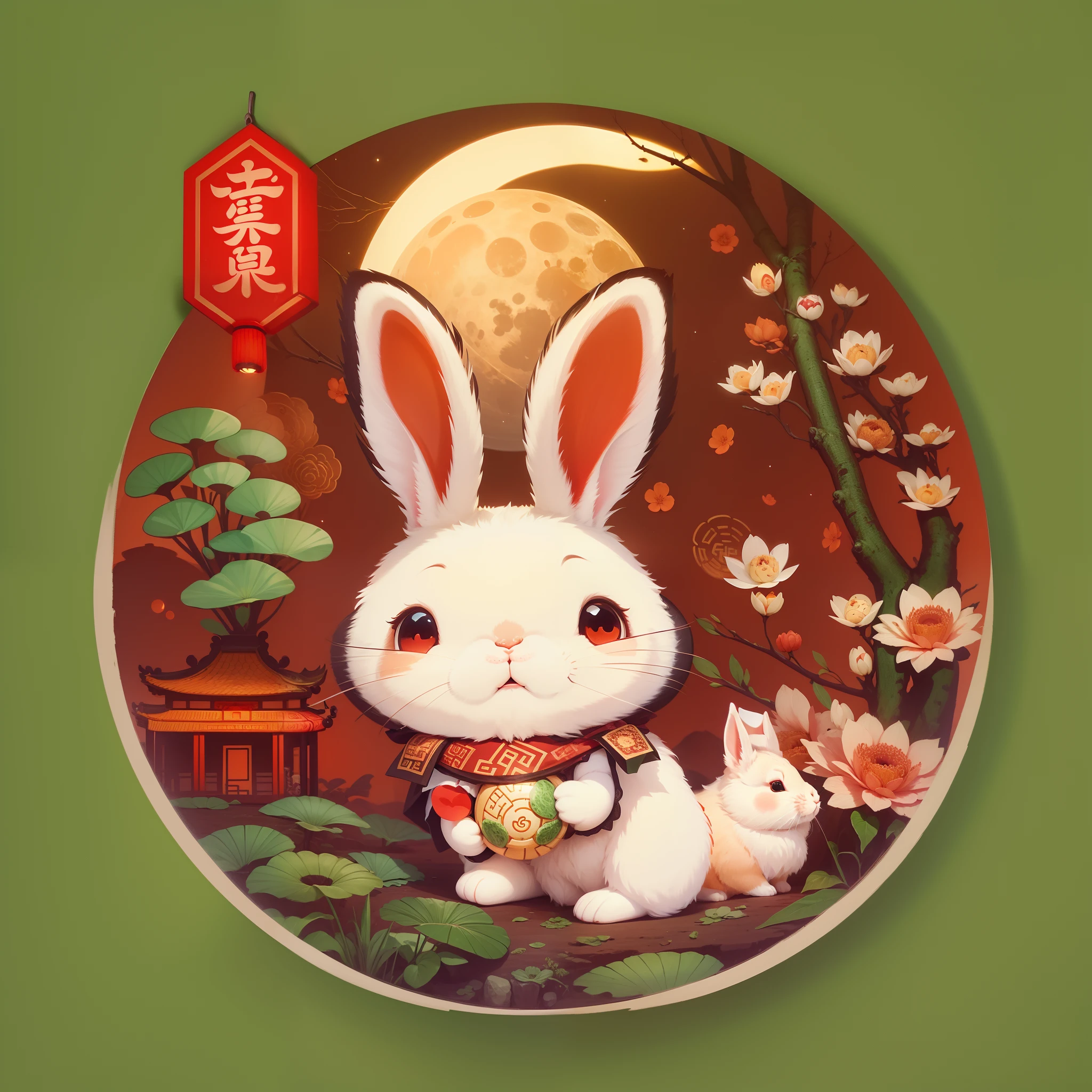 A cute rabbit sticker, red eyes, a full moon, mooncake,a Chinese Classic Room. It's night but it's bright