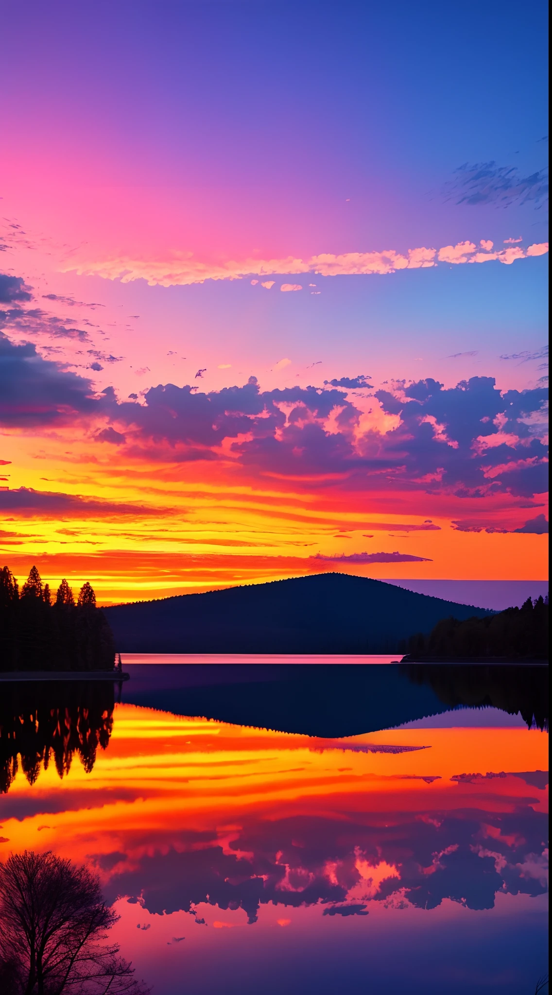 there is a beautiful sunset with a lake and trees in the background, colorful skies, surreal colors, colorful sunset, colorful sky, marvellous reflection of the sky, stunning sky, dream like atmosphere 8k, colorful clouds, colors reflecting on lake, surreal sky, red and blue reflections, fire reflection, beautiful sky, beautiful and spectacular dusk, beautiful dreamy landscape, amazing sky