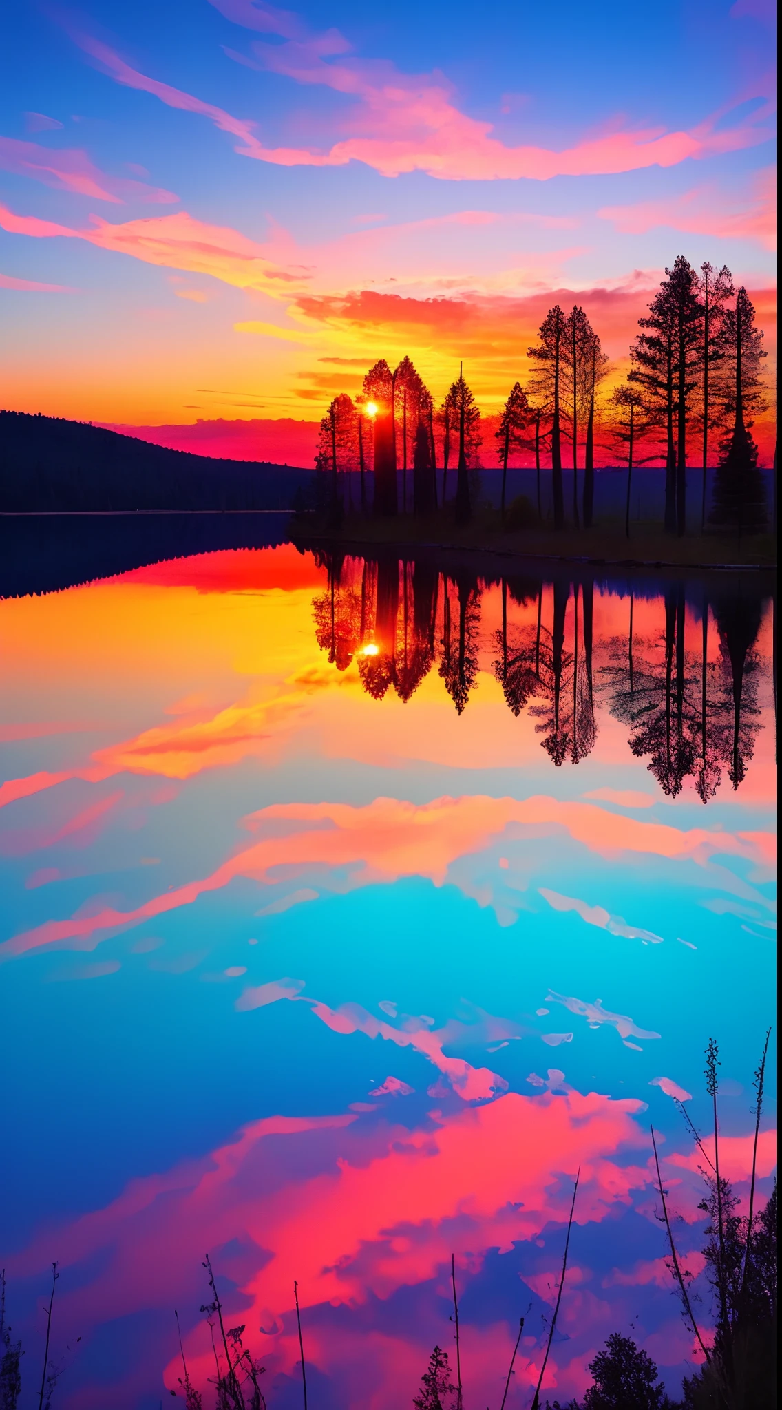 there is a beautiful sunset with a lake and trees in the background, colorful skies, surreal colors, colorful sunset, colorful sky, marvellous reflection of the sky, stunning sky, dream like atmosphere 8k, colorful clouds, colors reflecting on lake, surreal sky, red and blue reflections, fire reflection, beautiful sky, beautiful and spectacular dusk, beautiful dreamy landscape, amazing sky