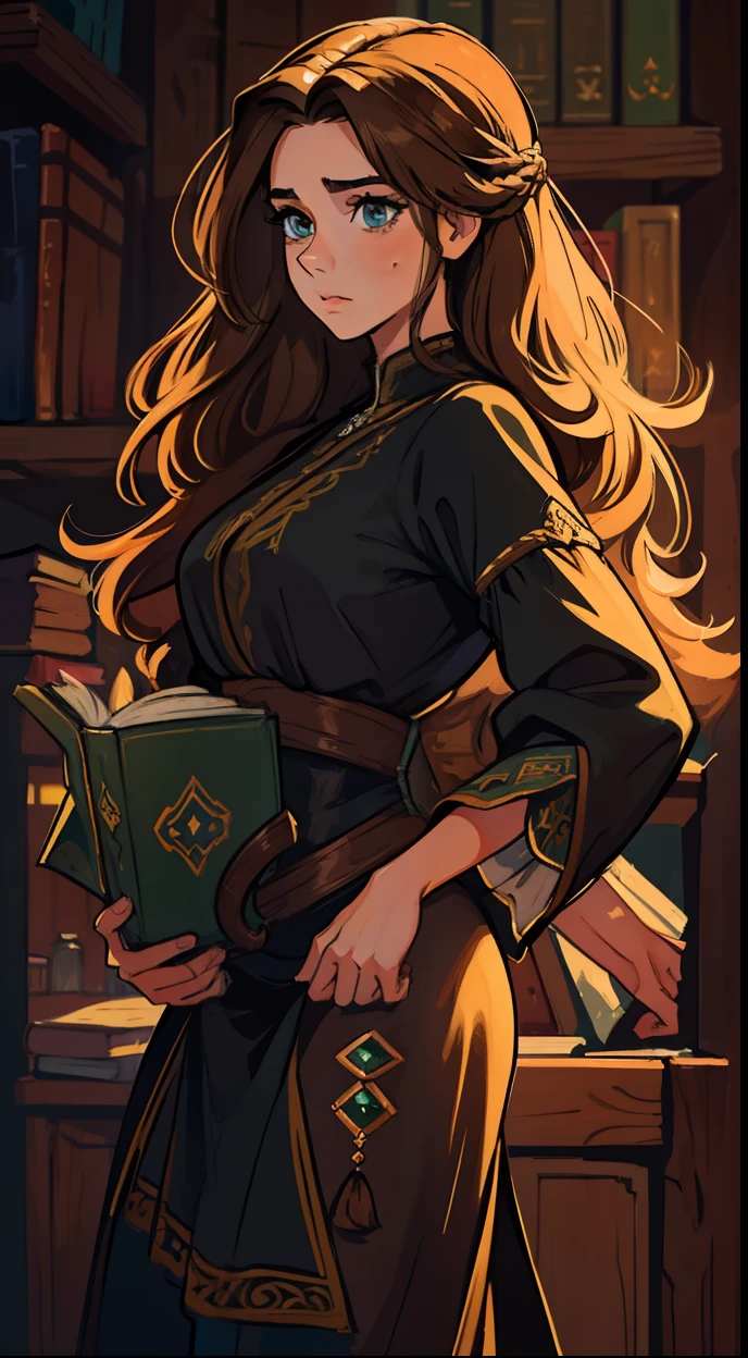 Uma bela mulher de olhos verdes e cabelos castanhos longo ondulado (brown hair) (Detailed strokes) Princess eyes Sexy curvy eyelashes A wooden wall background with bookcases Expressive drama with a sad look of concern An art for an RPG A medieval art for an RPG ((cabelo comprido) ((cabelo longo))