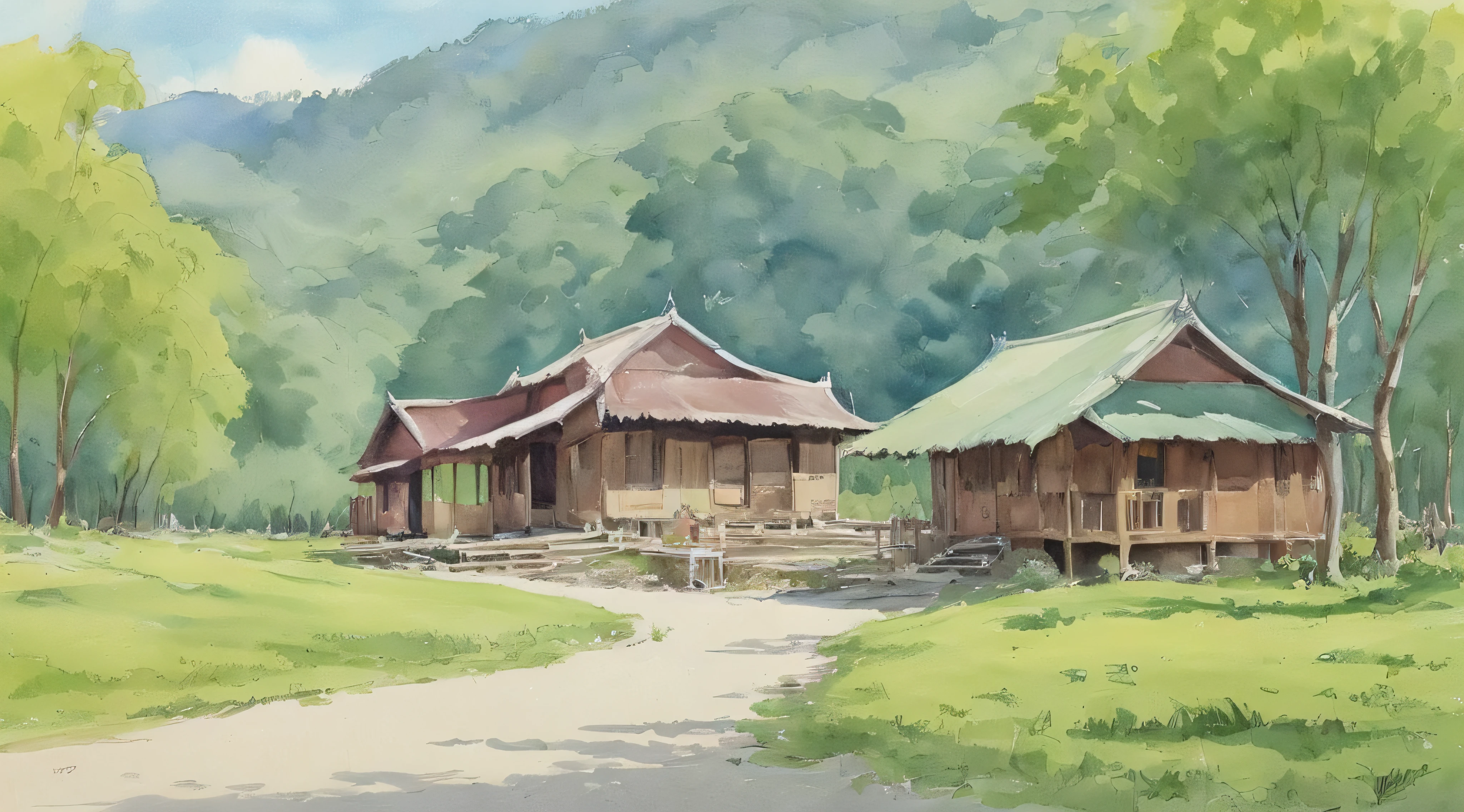 Watercolor painting , scence of BURMA(MYANMAR), small old hut beside river, a fishing boat in water,, trees, flowers are blooming aside of fence,, bright sun, shade, best composition, masterpiece art work, color full, detailed watercolor painting
