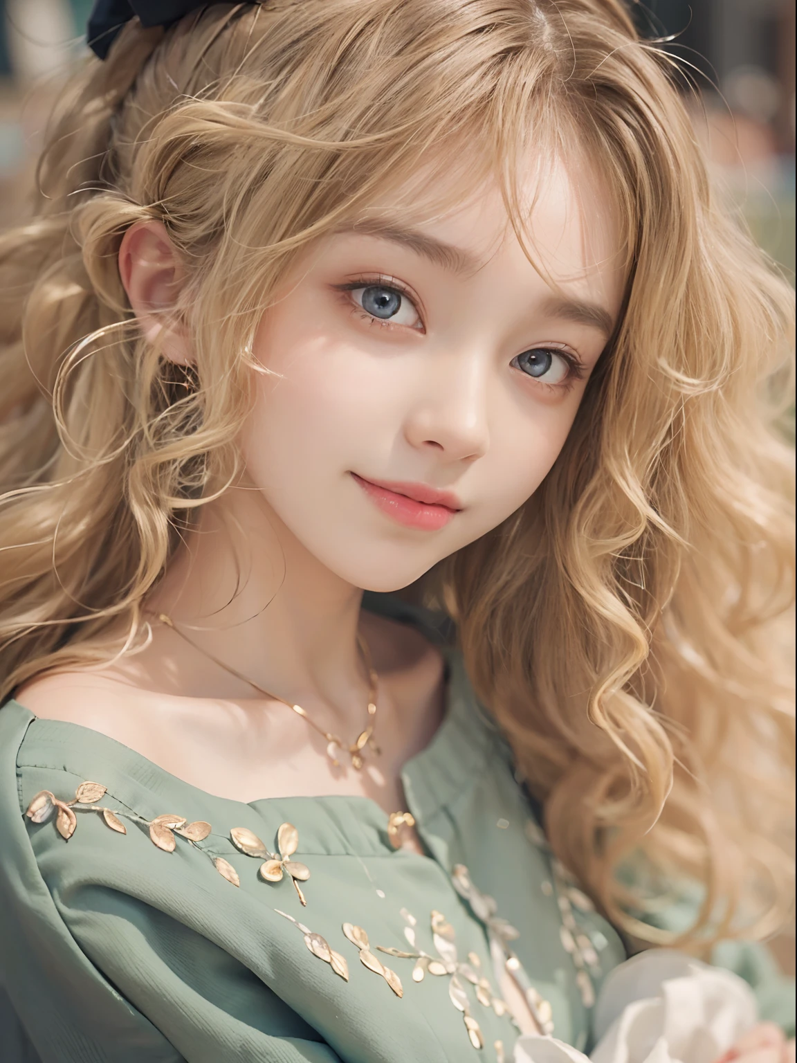 Studio light， depth of fields，  slim， cute  face， ssmile， beatiful detailed eyes， 19yo Japan， prette， Plump curly hair with warm blonde， Plaza， rcasual