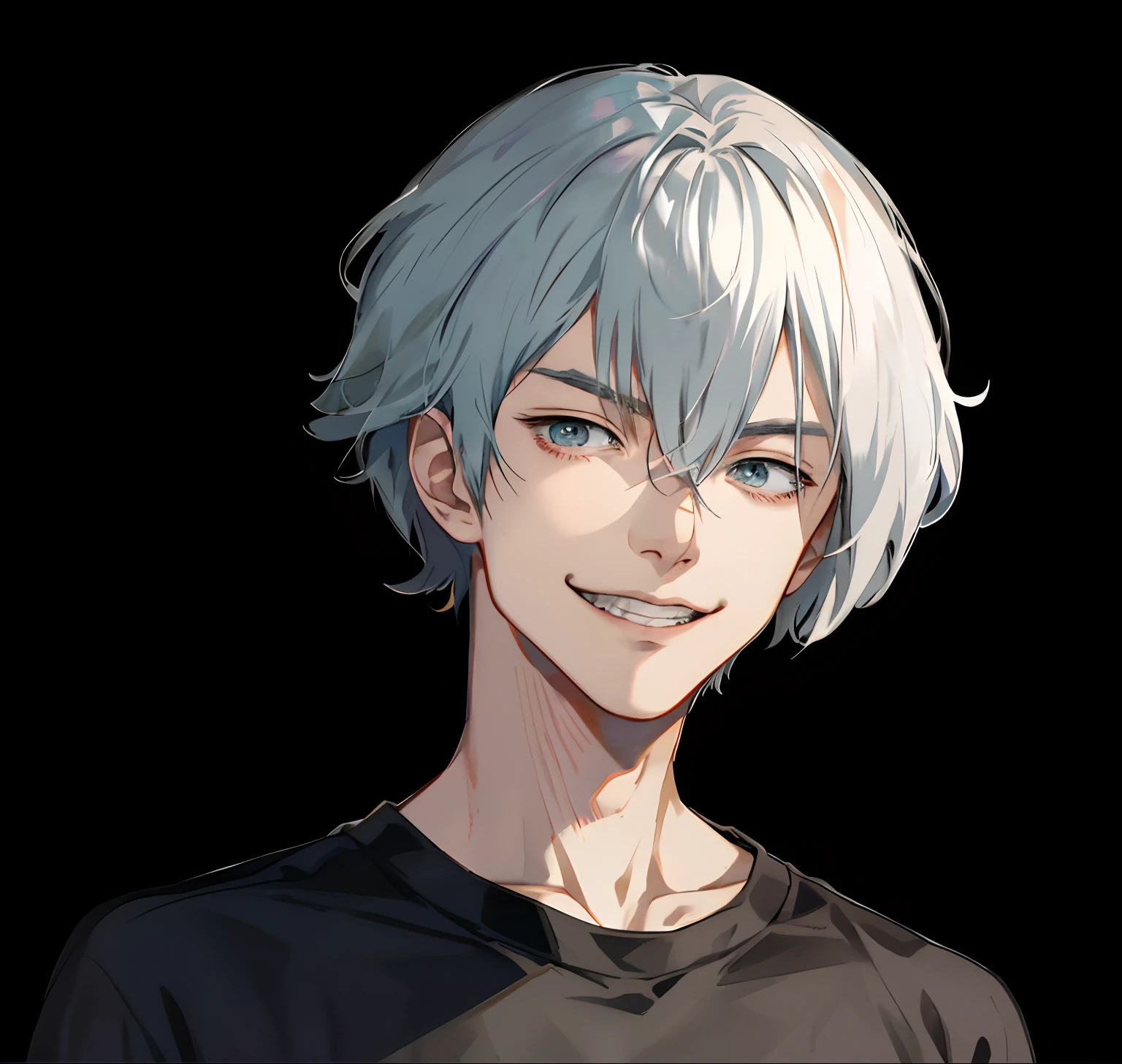 Silver-haired anime boy, young anime man, Anime portrait of a handsome man, portrait of eren yeager, [[[[grinning evily]]]], shigenori soejima illustration, Anime handsome man, male anime character, handsome guy in demon killer art, ( ( ( yoshinari yoh ) ) )