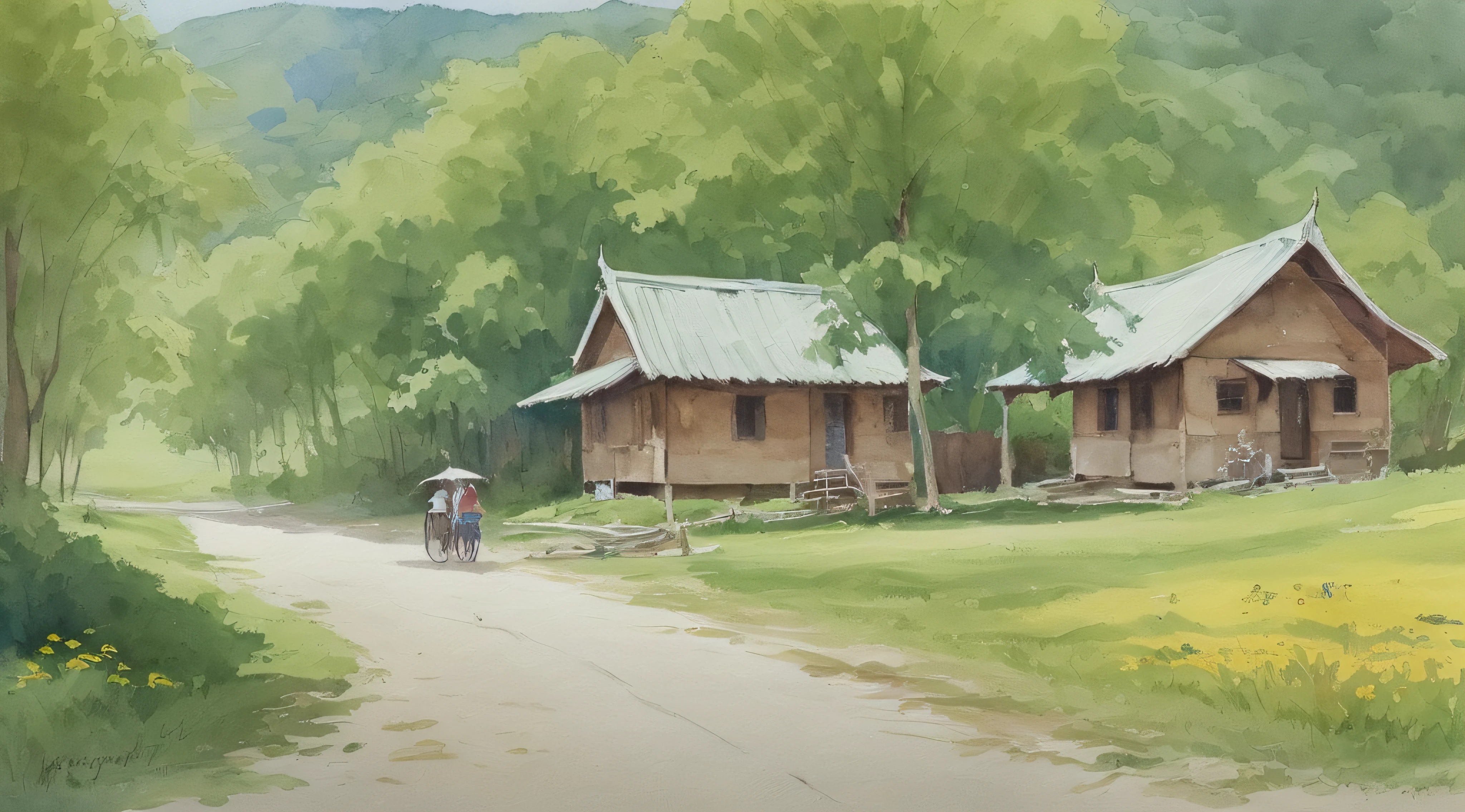 Watercolor painting , scence of BURMA(MYANMAR), small old hut beside river, a fishing boat in water,, trees, flowers are blooming aside of fence,, bright sun, shade, best composition, masterpiece art work, color full, detailed watercolor painting
