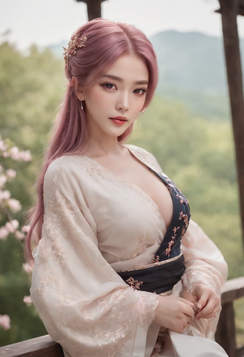 (ulzang-6500-v1.1:0.4), 1girll, Kpop idol, Yae Miko,Detailed face,Long-legged shooting,full bodyesbian, Masterpiece, Best quality, (Extremely detailed Cg Unity 8K wallpaper, Masterpiece, Best quality, Ultra-detailed, Best shadow), (Detailed background), (Beautiful detailed face, Beautiful detailed eyes), High contrast, (Best illumination, An extremely delicate and beautiful), Detached sleeves, Pink hair, Long hair, Best quality, (Photorealistic:1.2), (hair adornments:1.35), jewelry, Purple eyes, Earrings, Large breasts, Torii, Cherry blossoms, Lantern light, Depth of field, Detailed face, Face focus, (view the viewer:1.25), Shiny skin, Long sleeves