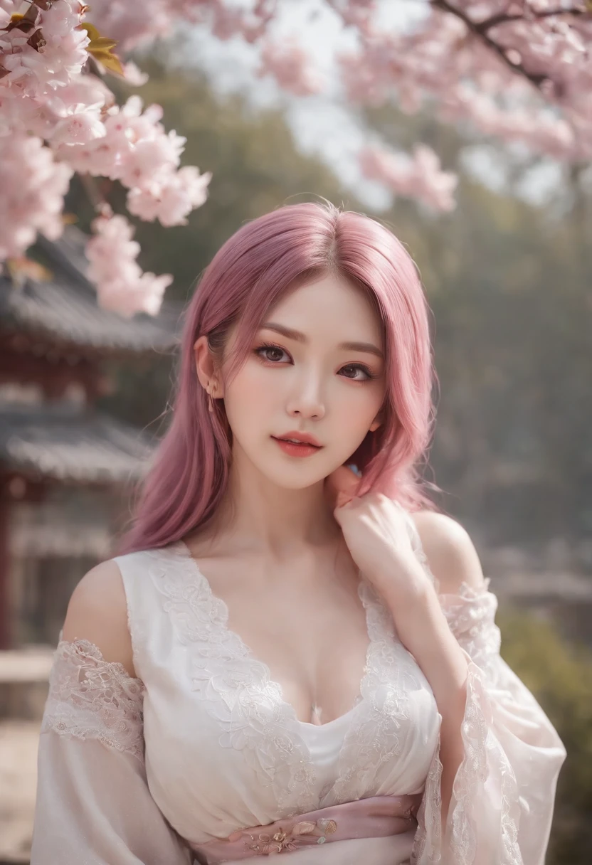 (ulzang-6500-v1.1:0.4), 1girll, Kpop idol, Yae Miko,Detailed face,Long-legged shooting,full bodyesbian, Masterpiece, Best quality, (Extremely detailed Cg Unity 8K wallpaper, Masterpiece, Best quality, Ultra-detailed, Best shadow), (Detailed background), (Beautiful detailed face, Beautiful detailed eyes), High contrast, (Best illumination, An extremely delicate and beautiful), Detached sleeves, Pink hair, Long hair, Best quality, (Photorealistic:1.2), (hair adornments:1.35), jewelry, Purple eyes, Earrings, Large breasts, Torii, Cherry blossoms, Lantern light, Depth of field, Detailed face, Face focus, (view the viewer:1.25), Shiny skin, Long sleeves