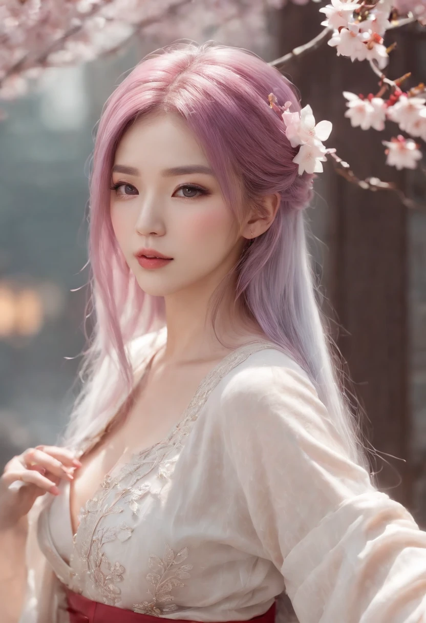 (ulzang-6500-v1.1:0.4), 1girll, Kpop idol, Yae Miko,Detailed face,Long-legged shooting,full bodyesbian, Masterpiece, Best quality, (Extremely detailed Cg Unity 8K wallpaper, Masterpiece, Best quality, Ultra-detailed, Best shadow), (Detailed background), (Beautiful detailed face, Beautiful detailed eyes), High contrast, (Best illumination, An extremely delicate and beautiful), Detached sleeves, Pink hair, Long hair, Best quality, (Photorealistic:1.2), (hair adornments:1.35), jewelry, Purple eyes, Earrings, Large breasts, Torii, Cherry blossoms, Lantern light, Depth of field, Detailed face, Face focus, (view the viewer:1.25), Shiny skin, Long sleeves