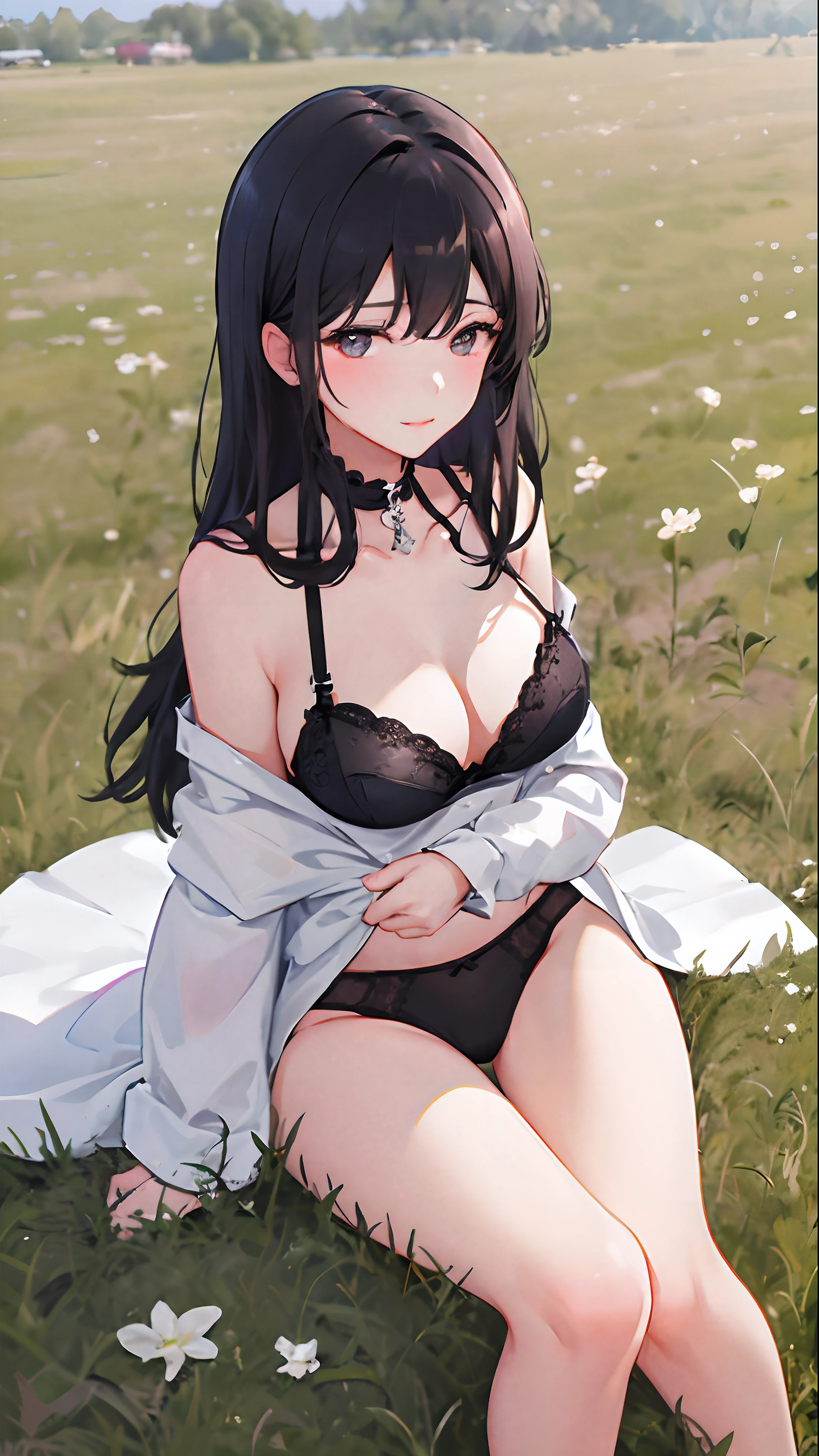 1girll, 独奏, She wears black lace underwear，Exposing thighs,Sit on grass，The chest is large，Perfect hands