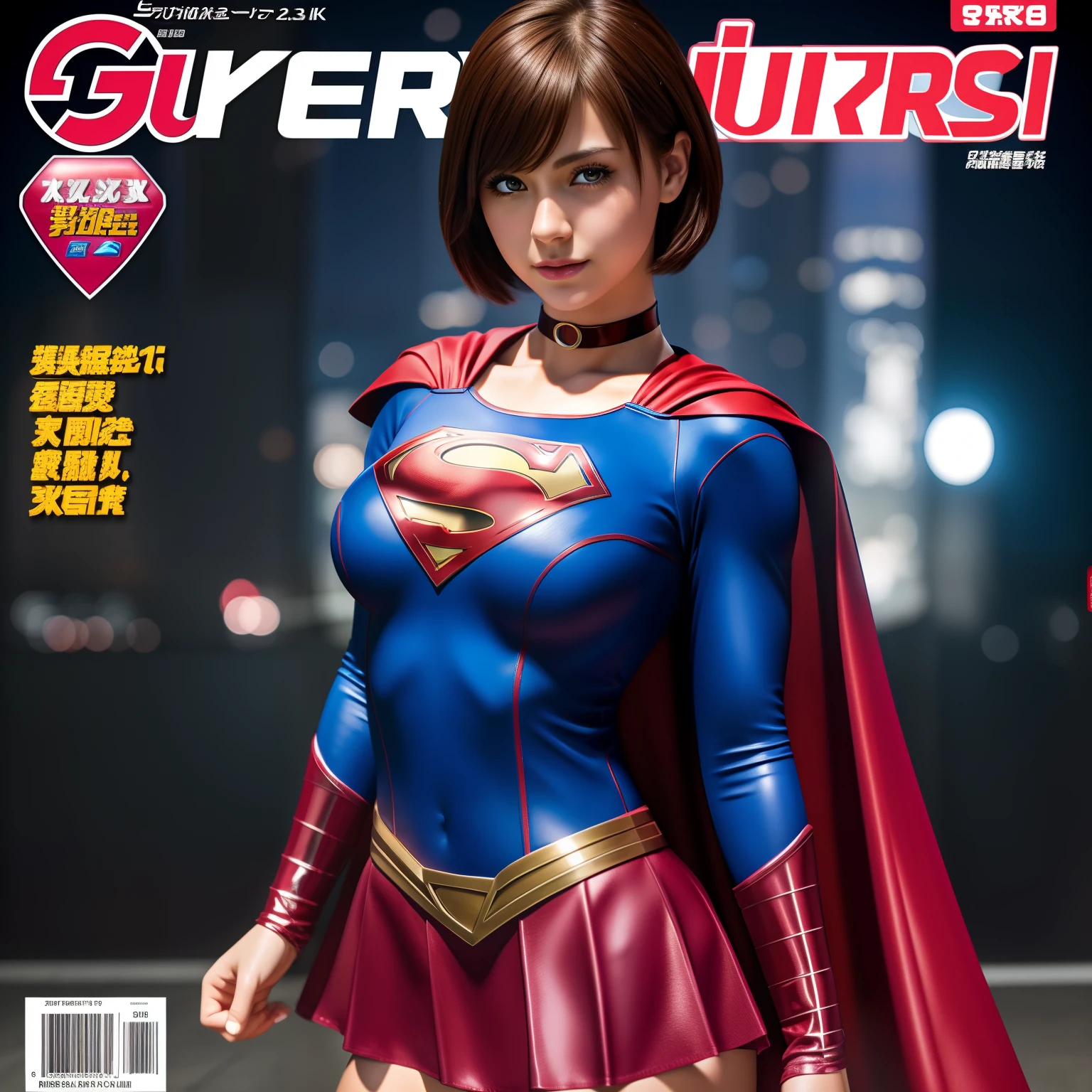 masterpiece、supergirl costume、short hair、enamel boots、big and full breasts、Crisis situation、kneel down、model body shape、shiny、long sleeve、looking at camera、choker、red mini skirt、Weekly magazine cover、gravure magazine、sweaty、whole body、from right in front、off shoulder、Seduce、