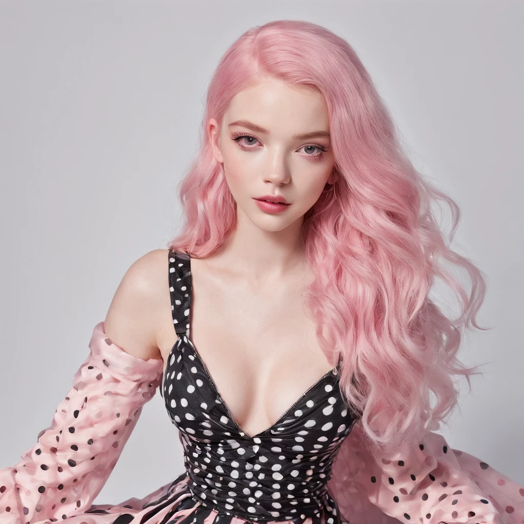 Girl,Polka-dot black stockings, Pink hair,Sleep in bed,Wear a polka-dot dress and tight stockings, with pink hair, ellie bamber, dressed anya taylor - joy, Long flowing pink hair, ava max, Sophie Turner Girl, ellie bamber fairy, Official product photo, anya taylor-joy, anya taylor-joy, Anya_taylor-joy, Pink hair long and real details,8K,Full body photo