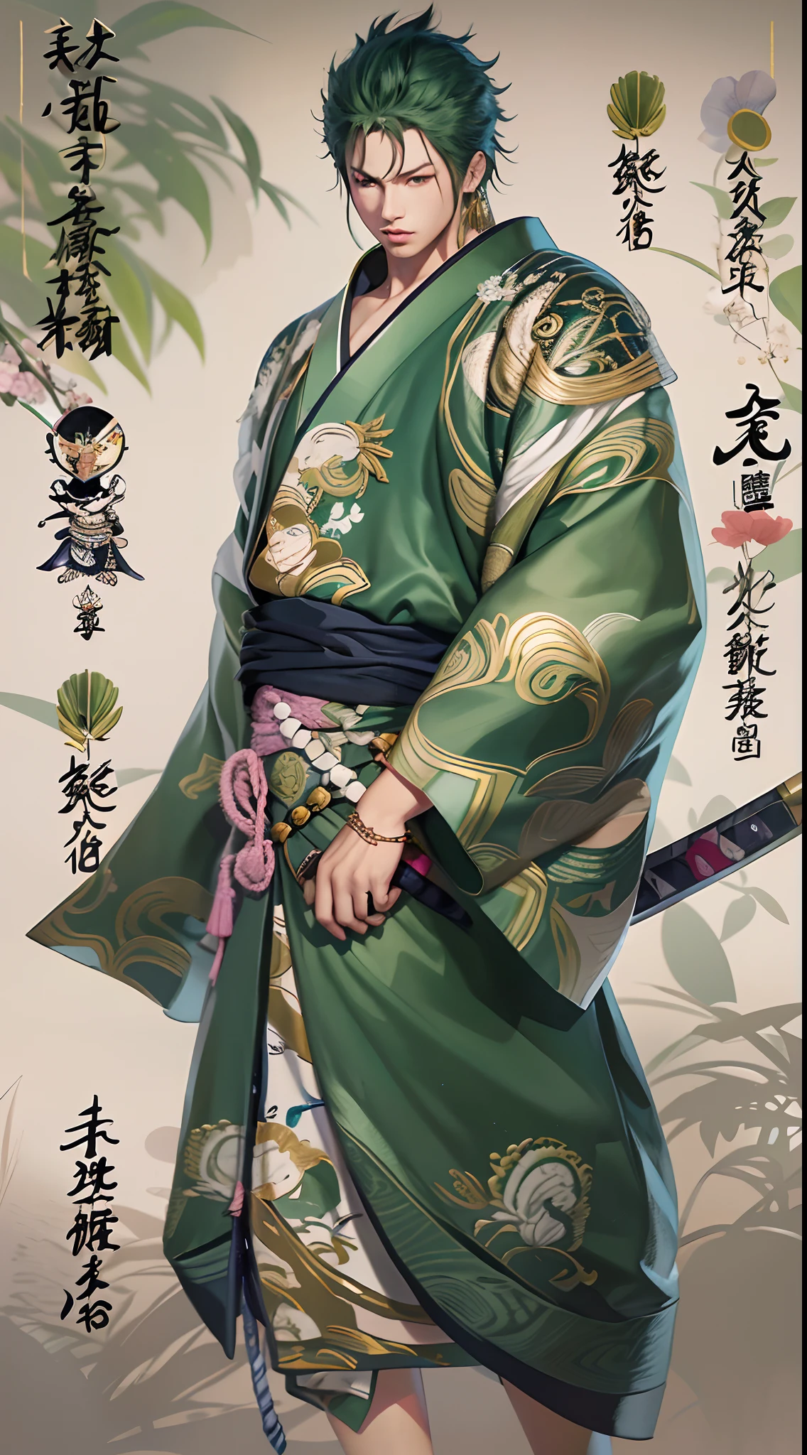 Personaje de anime con cabello verde con cicatriz en el ojo izquierdo, con 3 espadas legendarias(3 espadas)(desenfundar),kimono,japones,espadas legendarias japonesas,3 pendientes de oro,( Roronoa Zoro), de una sola pieza, Ilustraciones HD, Chico guapo en el arte de Demon Slayer, Badass Anime 8K, Arte de Kentaro Miura, Okab Rintarou, Pixiv, advanced digital anime art ”, Fanart de alta calidad, Fan Art, por Shitao, Kakyoin