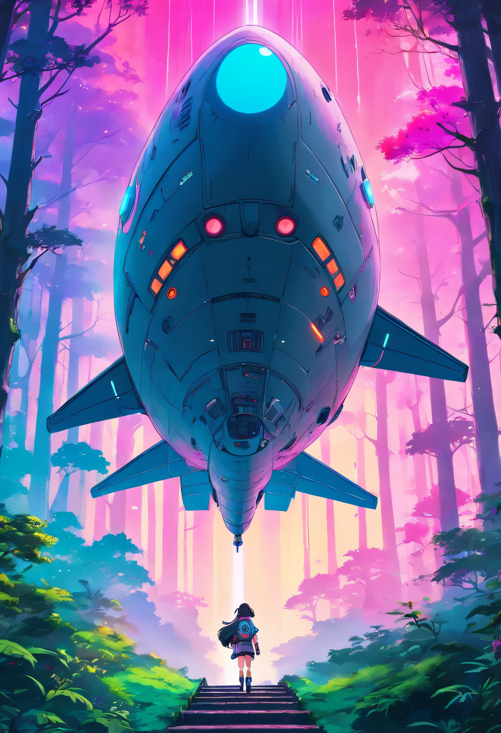 “((Best quality)), ((masterpiece)), ((dreamy)), ((synthwave punk)),"Imagine a dreamy fantastical dreamscape of detailed "spaceship sci fi anime" in forest, background are flying aliens