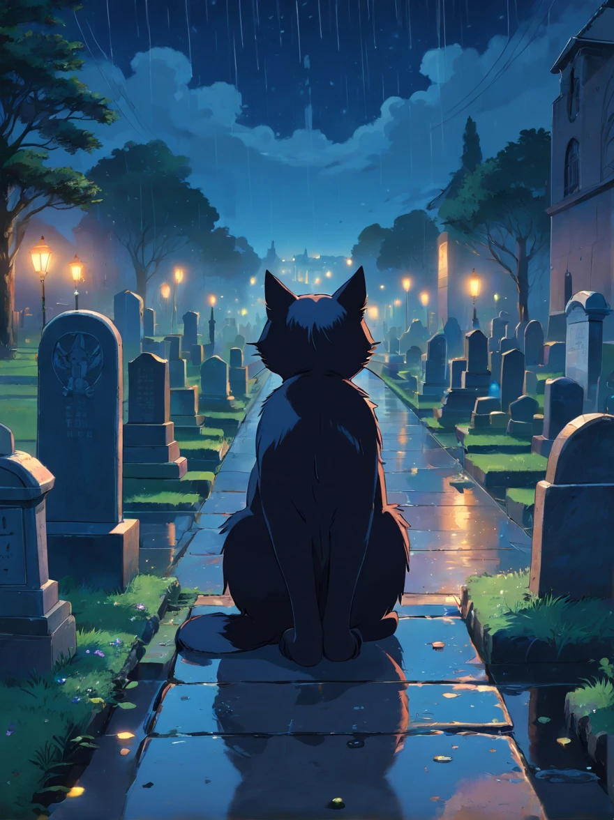 no people, black cat, background, graveyard, tombstones, rain, night sky, night city, absurdres, high res, ultrasharp, 8K, masterpiece