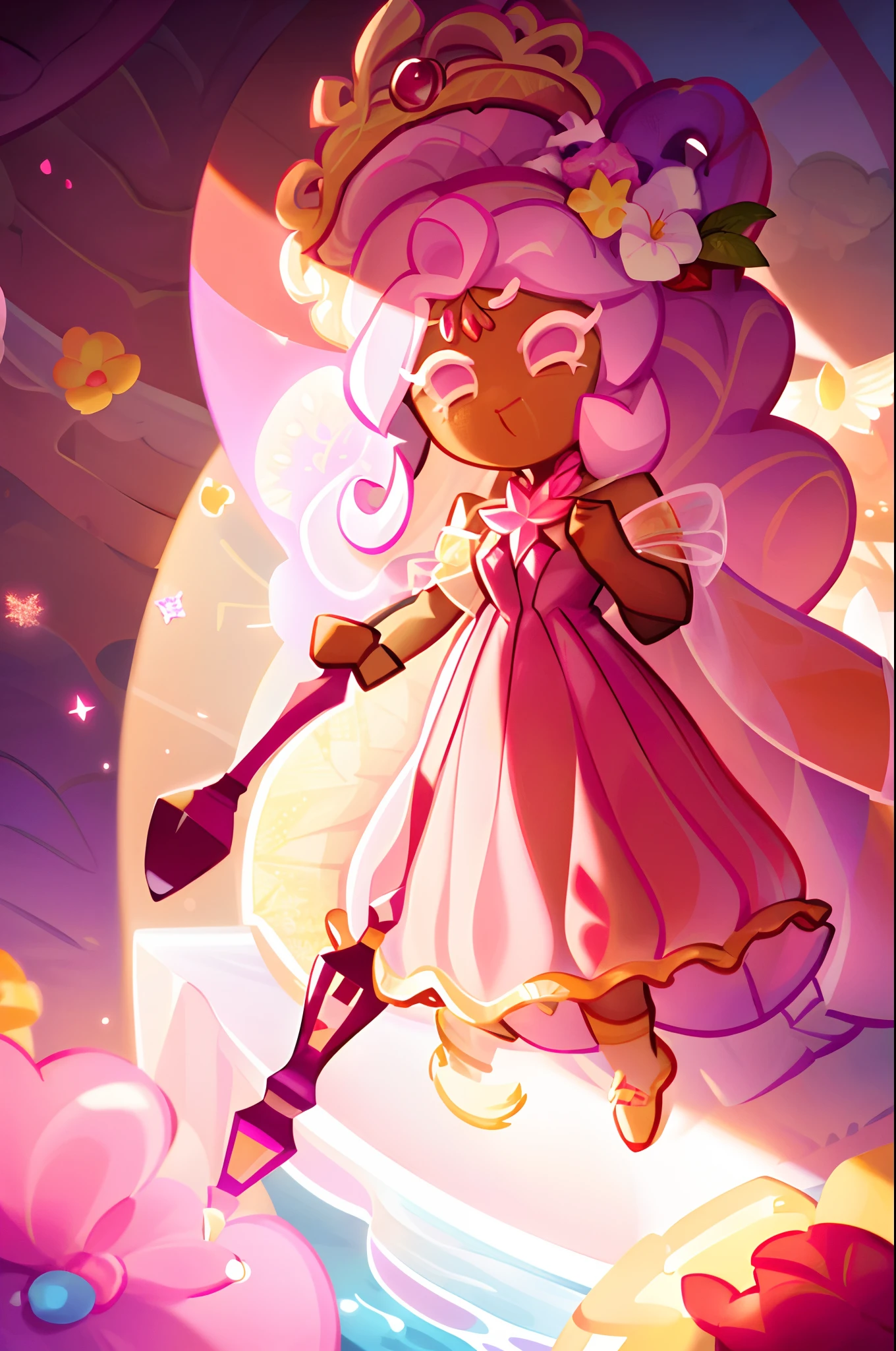 red dress, leaves, leaf crown, flowers, flower staff, transparent hair, liquid hair, white shoes, lemon staff with leaves, lemon brooch, white eyelashes, pink eyes, crown, raspberries, cookie run kingdom, pink lemonade, white dots on dress, flowers in hair, soft smile, 1girl, lemons, light pink hair, flowy hair, long hair, water droplets, dark skin, cookierun, solo, full body, (pink water hair: 1.5), holding staff, raspberries on crown, yellow crown