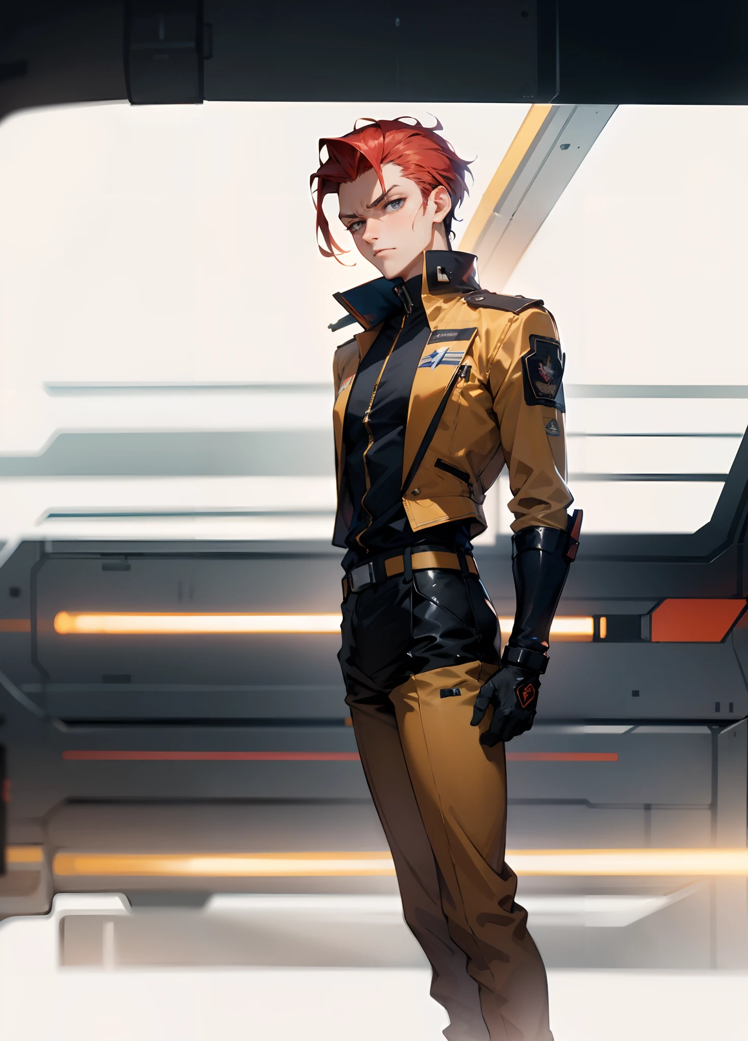 A man with short red-gold hair, hair slicked back, thick and disheveled hair, a cold and ruthless gaze, a confident expression, wears a two-piece futuristic military-style uniform, primarily in shades of white and red, accented by touches of yellow, streamlined wristguard gloves, matching trousers, he stands in a futuristic sci-fi-style hangar housing a colossal mech, stands within a futuristic sci-fi hangar, where a colossal mech is stationed, this character embodies a finely crafted futuristic military officer in anime style, characterized by an exquisite and mature manga illustration art style, high definition, best quality, highres, ultra-detailed, ultra-fine painting, extremely delicate, professional, anatomically correct, symmetrical face, extremely detailed eyes and face, high quality eyes, creativity, RAW photo, UHD, 8k, Natural light, cinematic lighting, masterpiece:1.5
