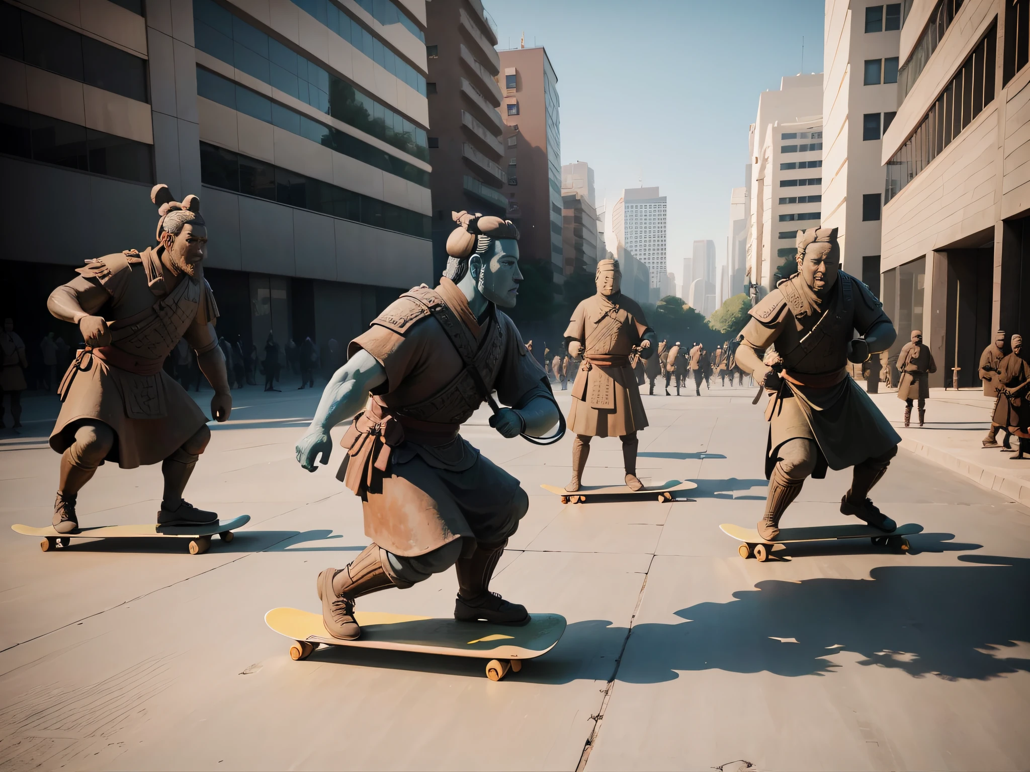 The main stone statue of the terracotta warriors and horse skateboards sideways at the foot of the stone,Perfectcomposition,8K,Front four terracotta facial restoration details,background detail
