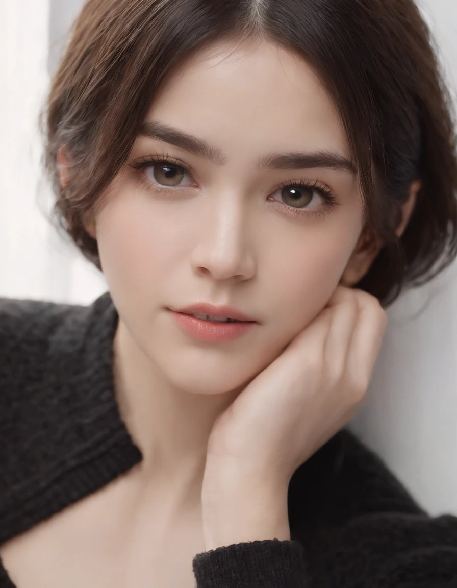 ((from different angles)),(masterpiece:1.3), (8k, photorealistic, RAW photo, best quality: 1.4), White background ,(1girl), beautiful face, (realistic face), (black hair, short hair:1.3), beautiful hairstyle, realistic eyes, beautiful detailed eyes, (realistic skin), beautiful skin, (Black Sweater), absurdres, attractive, ultra high res, ultra realistic, highly detailed, golden ratio