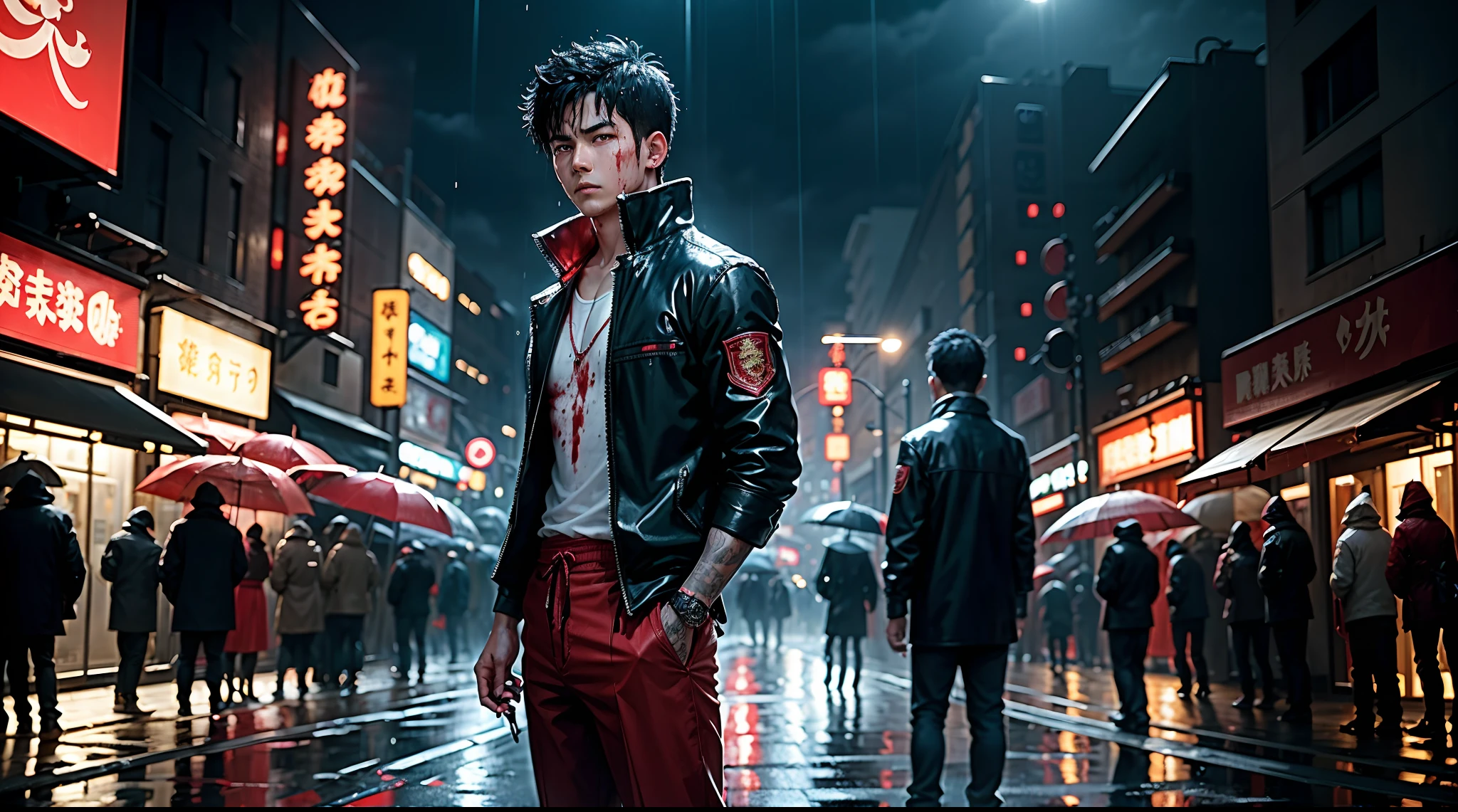 The main character A boy holding the phone in his hand the phone screen light reflecting on his face his right side the another boy standing with the chef knife on his hand covered with blood, crowded gang members behind him everyone is facing the camera standing in the rain fully wet the water dropping from their body and faces , that crowd covered with blood , everyone wearing red earing on one ear, Tokyo Street night raining, everyone looking serious, hackers, criminals, there is a flag on top of the building behind them it is red color flag with black dragon The police light shade in the corner of the picture, high quality 4k , high resolution , high detailed, night light lamps on the street showing the rain drops , The road is wet reflecting the light , make it look more cinematic , anime style more dark area , with more dragon pictures and chinses restaurant , make it more like a they are in criminals territory.