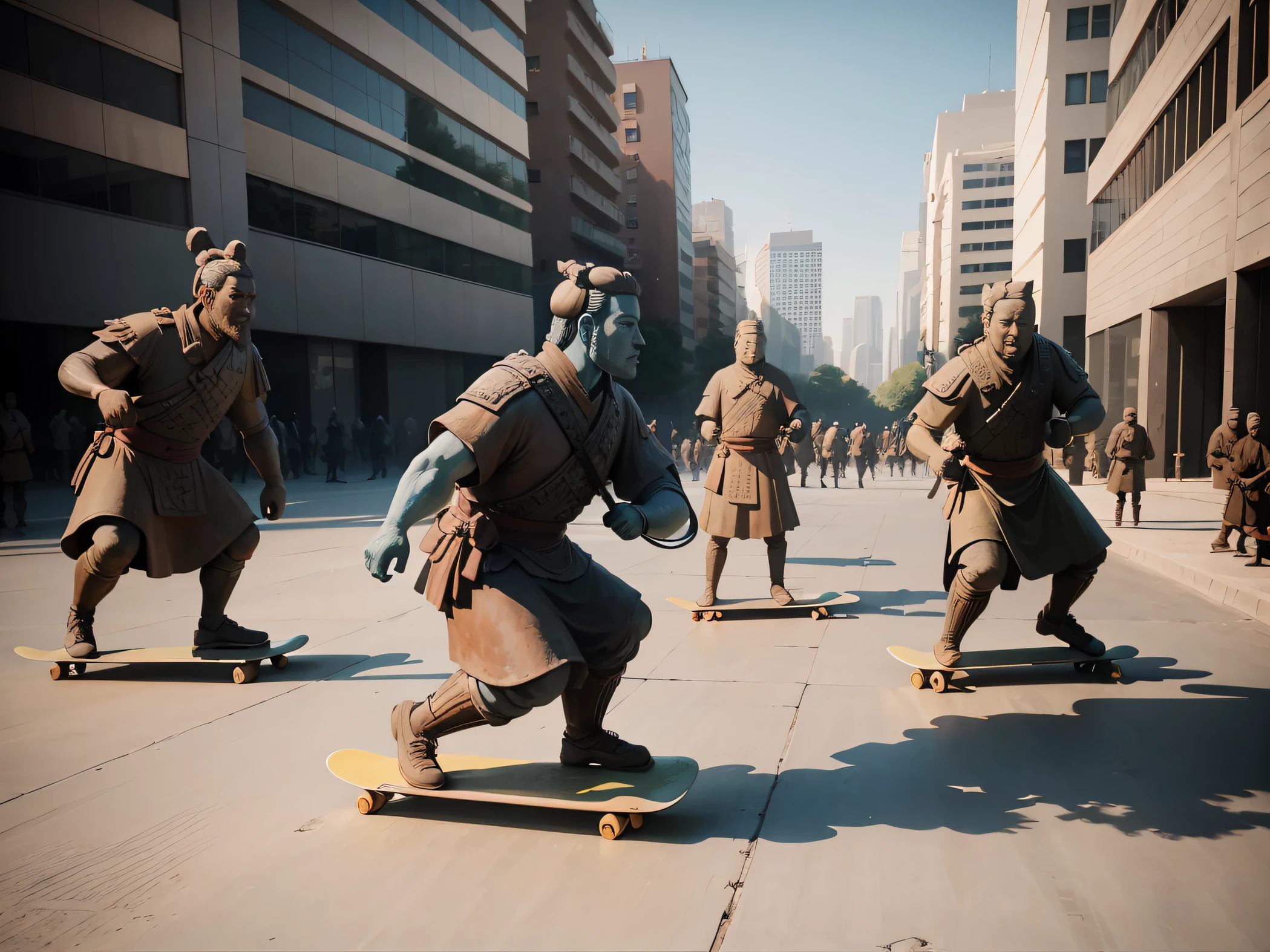 The main stone statue of the terracotta warriors and horse skateboards sideways at the foot of the stone,Perfectcomposition,8K,Front four terracotta facial restoration details,background detail