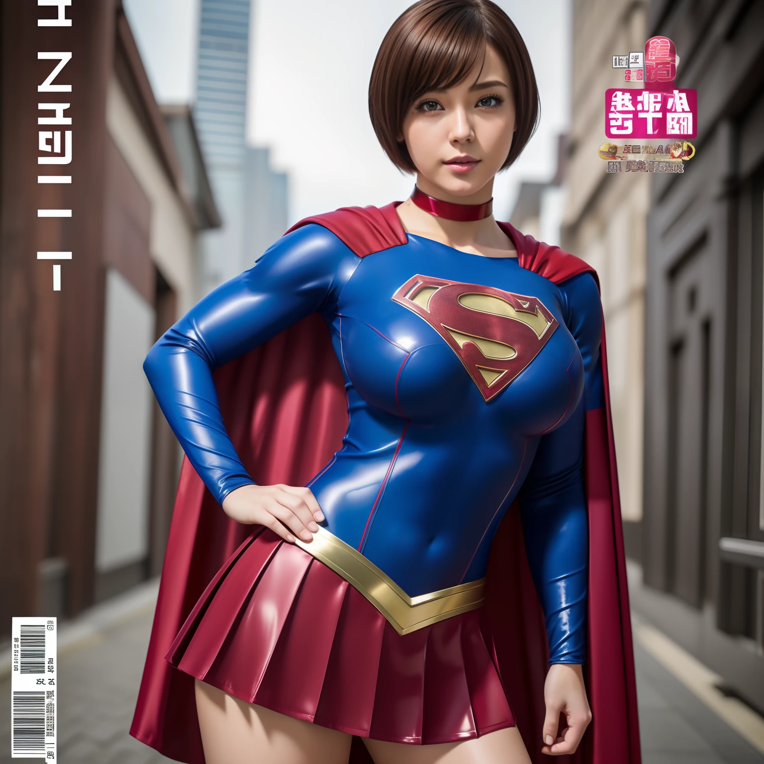 (Best Quality,4K,8K,hight resolution,masutepiece:1.2),Ultra-detailed,Realistic:1.37,Super masterpiece,Short-haired Supergirl、large full breasts、Looking at the camera、Glossy costume、a choker、Too short miniskirt、Magazine covers、Idle shooting