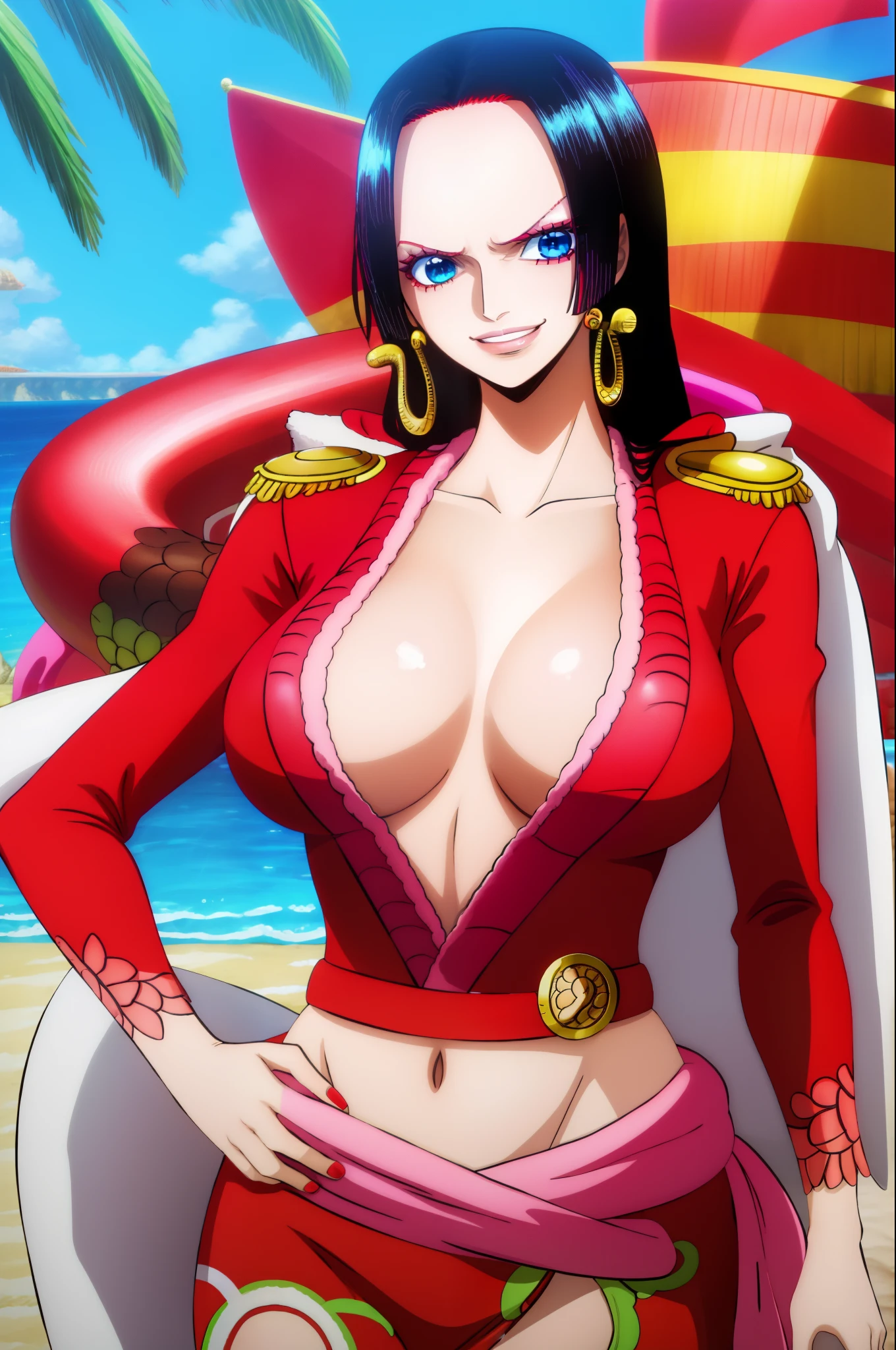 Boa Hancock wearing red bikini and she’s smiling and she has an innocent look, showin the ass, back veiw, shiny skin, black hair, blue eyes, big ass, big boobs, beach background, best quality.