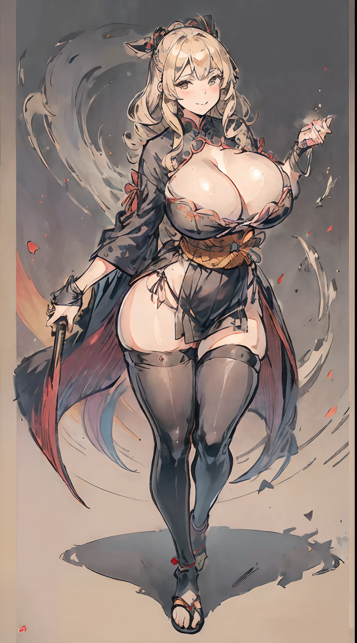 No shoes,Black pantyhose,(gigantic cleavage breasts:1.5) solo person, Solo,heeled sandals,japanese samurai armor,Blonde curls,Full body like,katana swords,grin face