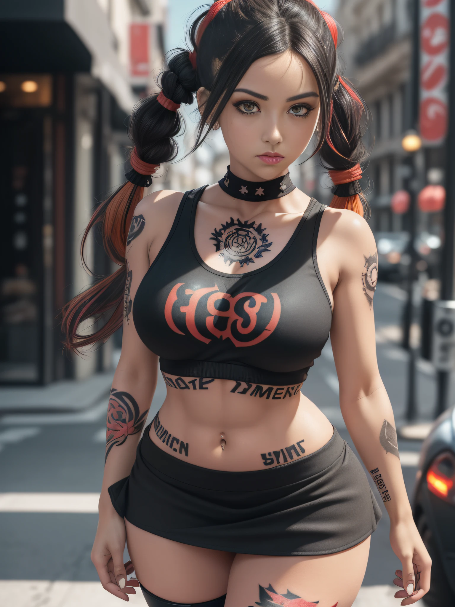 bright eyes, (coral yellow eyes), (black pigtail hair and red highlights:1.3), (messy hair), oversized clothes, ((black croptop, mini skirt)), ((athletic body:1.2)), ((thick ass:1.2)), (covered in large tattoos, tattooed legs:1.2), ((long legs:1.3)), ((slender legs)), standing, no bra, , ((exposed )), cameltoe, bare legs, (cum leaking from ), (looking at the phone:1.3), ((crowd)), dynamic angle, perfect body, nsfw, (detailed face and eyes:1.4), (cute round face), (detailed :1.4), street setting, photorealistic daytime photo, high facial detail, synthetic, (detailed body), (beautiful,vivid), (centered in frame), highly detailed, 8k wallpaper, (detailed hair:1.3), (warm lighting:1.5), view