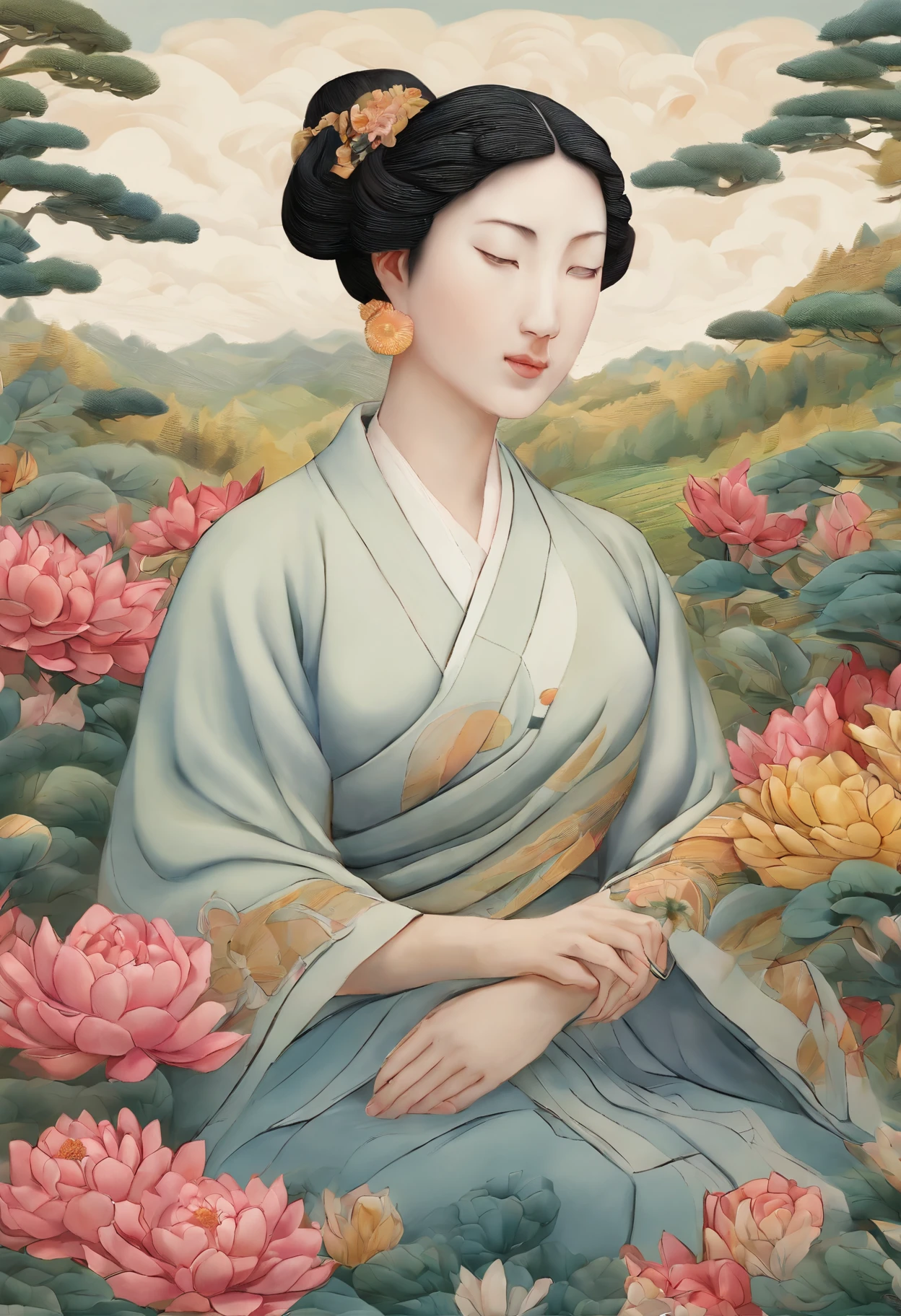 Field with beautiful flowers (close-up cleavage), meditate, Zazen, A meditative (Chinese landscape painting), (ink and watercolor painting), (8k wallpaper), (Light and Shadow Effect), rendering by octane, White balance design, Extremely detailed image representation, Wide angles, depth of fields, masterpiece, realistic, beautifully portrayed, a detailed, accurate, Masterpieces, masterpiece”