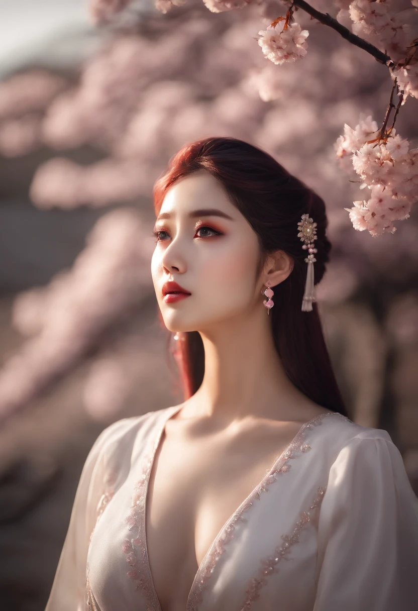 (ulzang-6500-v1.1:0.4), 1girll, Kpop idol, Yae Miko,Detailed face,Long-legged shooting,full bodyesbian, Masterpiece, Best quality, (Extremely detailed Cg Unity 8K wallpaper, Masterpiece, Best quality, Ultra-detailed, Best shadow), (Detailed background), (Beautiful detailed face, Beautiful detailed eyes), High contrast, (Best illumination, An extremely delicate and beautiful), Detached sleeves, Pink hair, Long hair, Best quality, (Photorealistic:1.2), (hair adornments:1.35), jewelry, Purple eyes, Earrings, Large breasts, Torii, Cherry blossoms, Lantern light, Depth of field, Detailed face, Face focus, (view the viewer:1.25), Shiny skin, Long sleeves