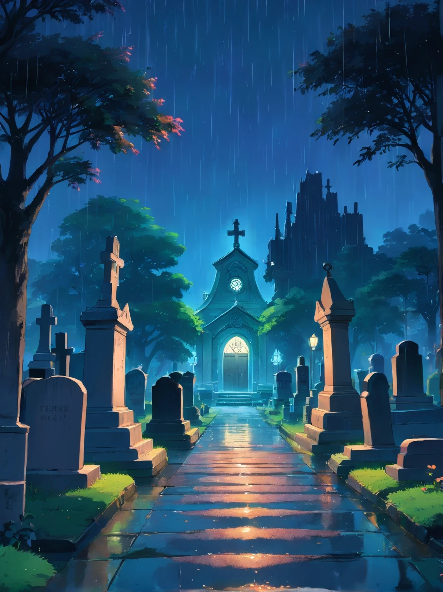 no people, no animals, background, graveyard, tombstones, rain, night sky, night city, absurdres, high res, ultrasharp, 8K, masterpiece, blurry foreground
