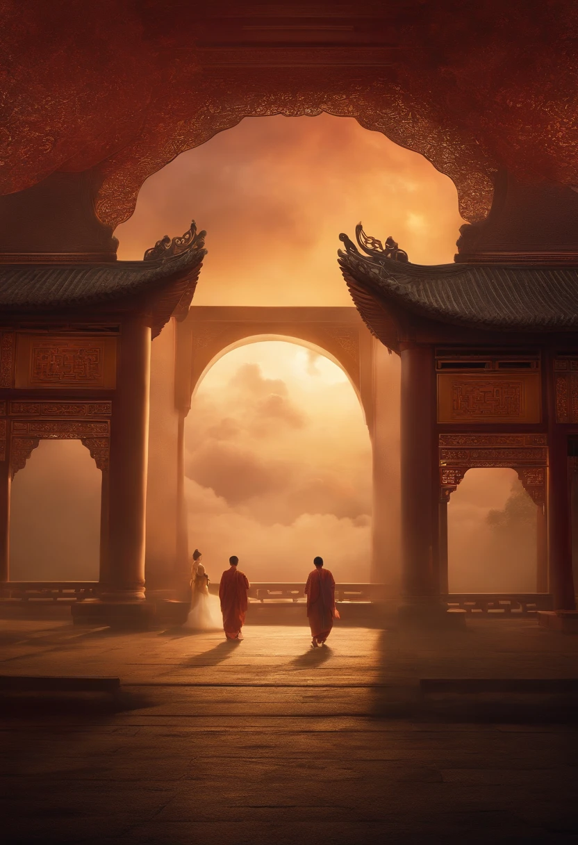 A high resolution,Best quality,Masterpiece:1.2,Chinese palace in the clouds,Misty atmosphere,Fantastic,A figure flying in the distance,blurred silhouette,Ethereal,Lush cloudscape,Colorful sky,dreamlike lighting,tranquilbeauty,traditional architecture,Complex details,ornate decoration,Dramatic composition,painterly style,subtle brushwork,harmonious color palette,Atmospheric perspective,Impressive scale,Awe-inspiring,Ancient mystery,A journey through the Kingdom of Mythology,Surreal,meditative atmosphere
