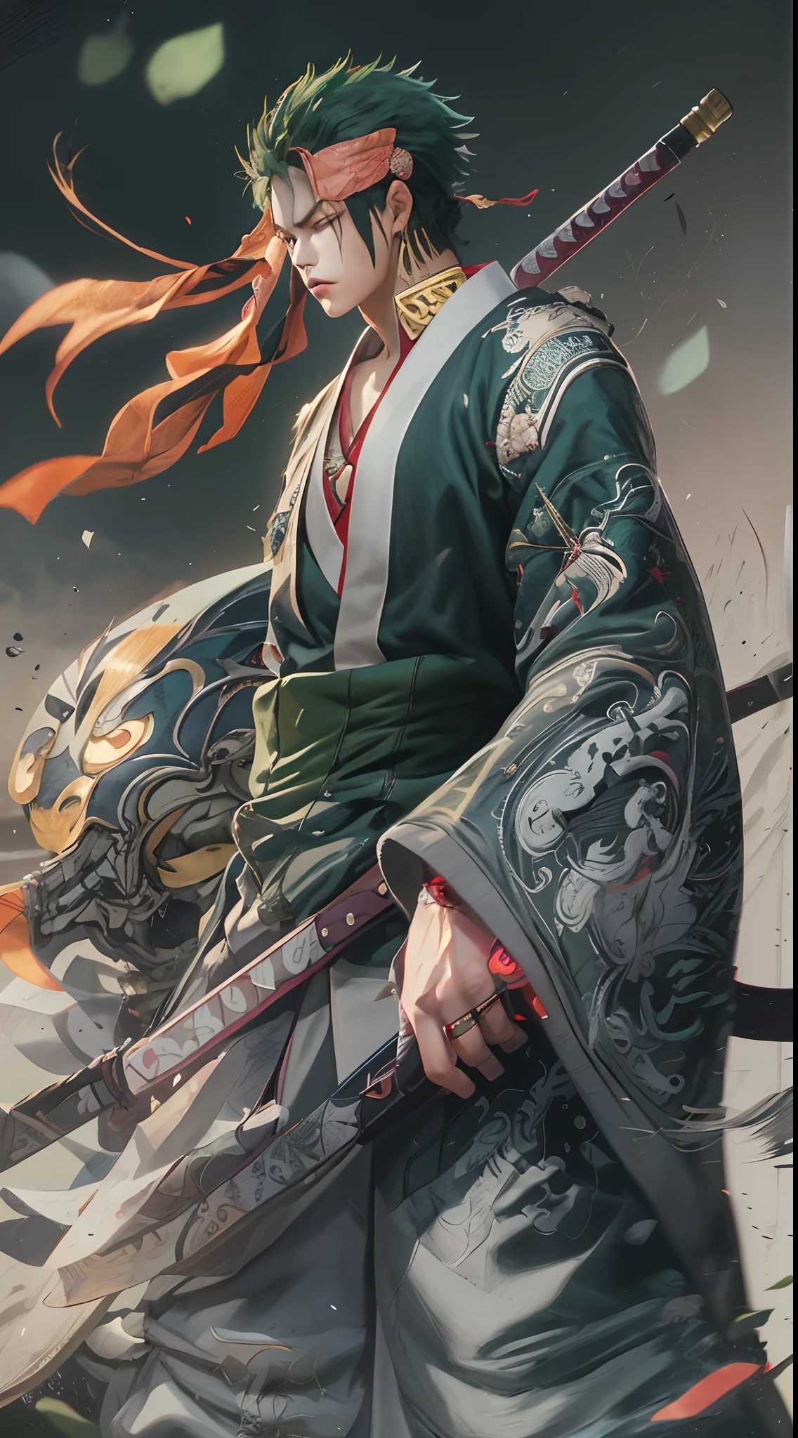 Personaje de anime con cabello verde con cicatriz en el ojo izquierdo, con 3 espadas legendarias(3 espadas)(desenfundar),kimono,japones,espadas legendarias japonesas,3 pendientes de oro,( Roronoa Zoro), de una sola pieza, Ilustraciones HD, Chico guapo en el arte de Demon Slayer, Badass Anime 8K, Arte de Kentaro Miura, Okab Rintarou, Pixiv, advanced digital anime art ”, Fanart de alta calidad, Fan Art, por Shitao, Kakyoin