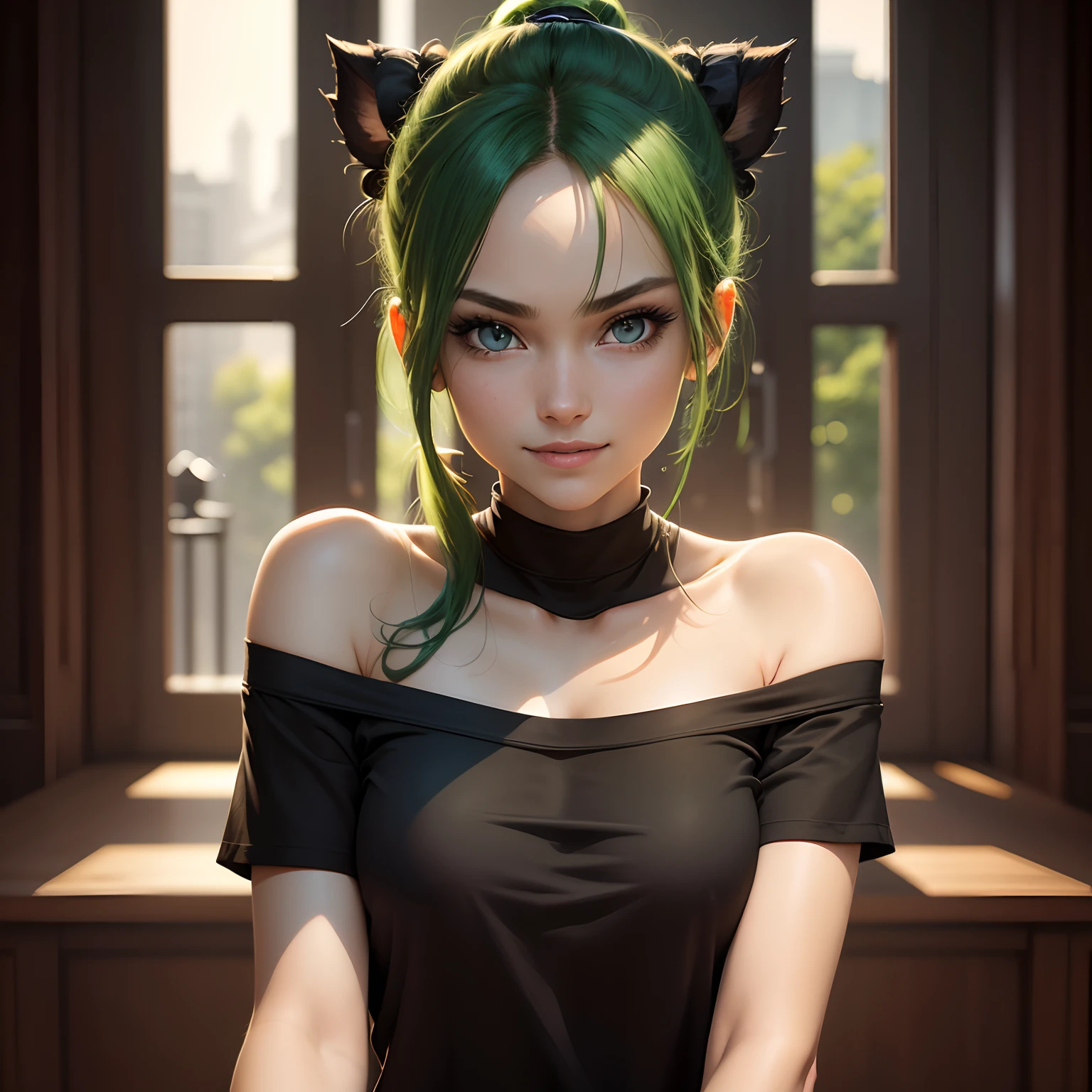 (Best Quality), (masutepiece), (High resolution), (Intricate details:0.2),(Professional Lighting), Room, Detailed background, Oversized Black T-Shirt, off shoulders, (Previous view), 1girl in, Solo, (Beautiful face:1.40),  Slim body, Fine skin, Smile, Green hair in a long ponytail, sky-blue eyes, (Medium beast:1.10), look at at viewer,
