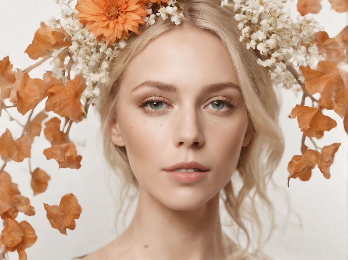 Caucasian woman in an illustration with dripping flowers on her face,upper body,blonde hair, in the style of collage-based, made of insects, william wegman, colorism, white background, pencil art illustrations, national geographic photo