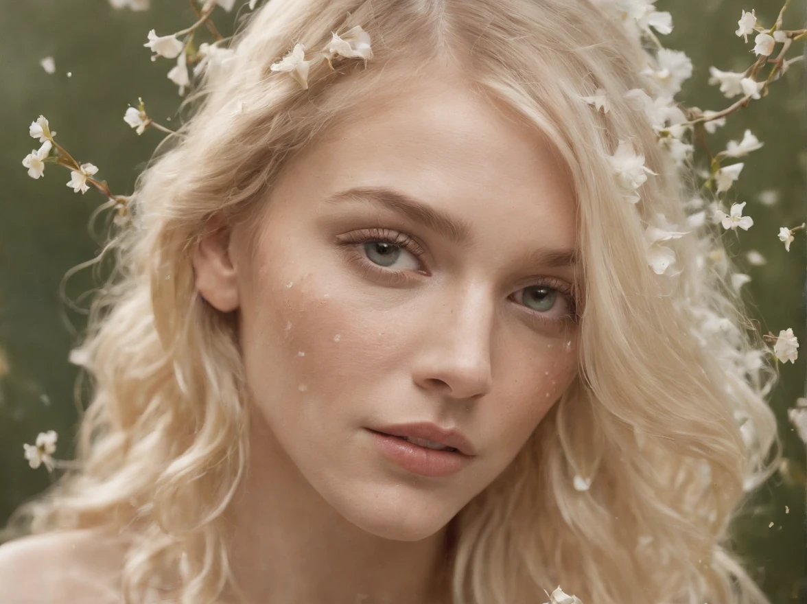 Caucasian woman in an illustration with dripping flowers on her face,upper body,blonde hair, in the style of collage-based, made of insects, william wegman, colorism, white background, pencil art illustrations, national geographic photo