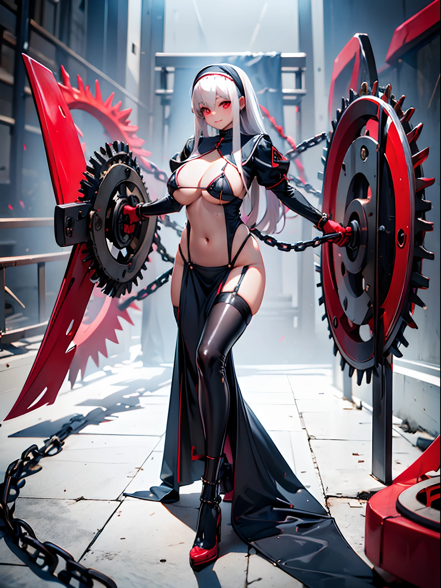 Fighting nuns。Chainsaw in hand。Hold a big weapon。Yandere Face。A smile。bodystocking。The navel is visible。red eyes。Chain Array。Tangling chains。sharp claws。Sexy。Dark indoor。