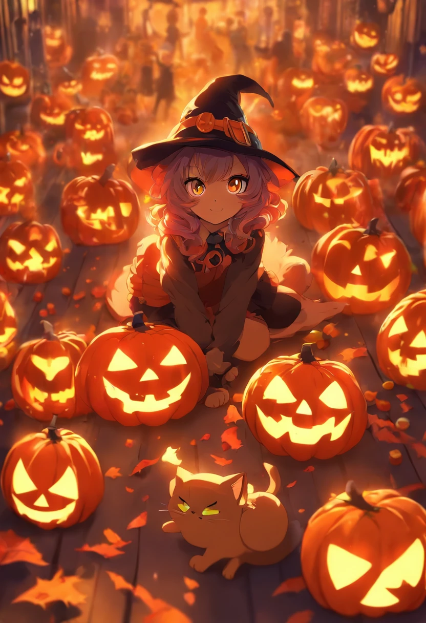 anime girl sitting on a pumpkin with a cat and a witch, halloween art style, trick or treat, halloween celebration, halloween, loli, splash art anime loli, halloween theme, 🍂 cute, halloween night, in a halloween style, witch fairytale, zerochan art, hq artwork, halloween atmosphere, zerochan, halloween scene