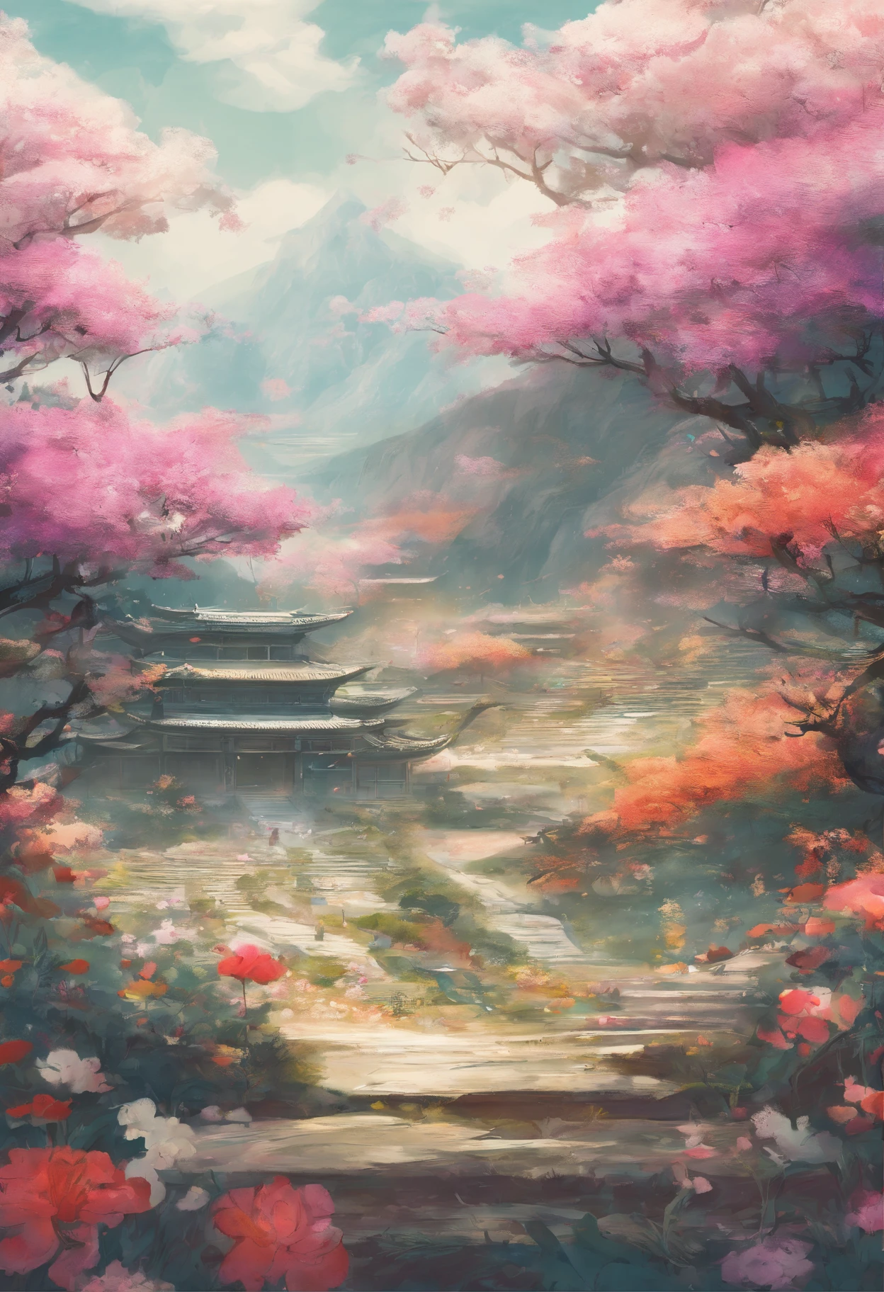 Field with beautiful flowers (close-up cleavage), meditate, Zazen, A meditative (Chinese landscape painting), (ink and watercolor painting), (8k wallpaper), (Light and Shadow Effect), rendering by octane, White balance design, Extremely detailed image representation, Wide angles, depth of fields, masterpiece, realistic, beautifully portrayed, a detailed, accurate, Masterpieces, masterpiece”