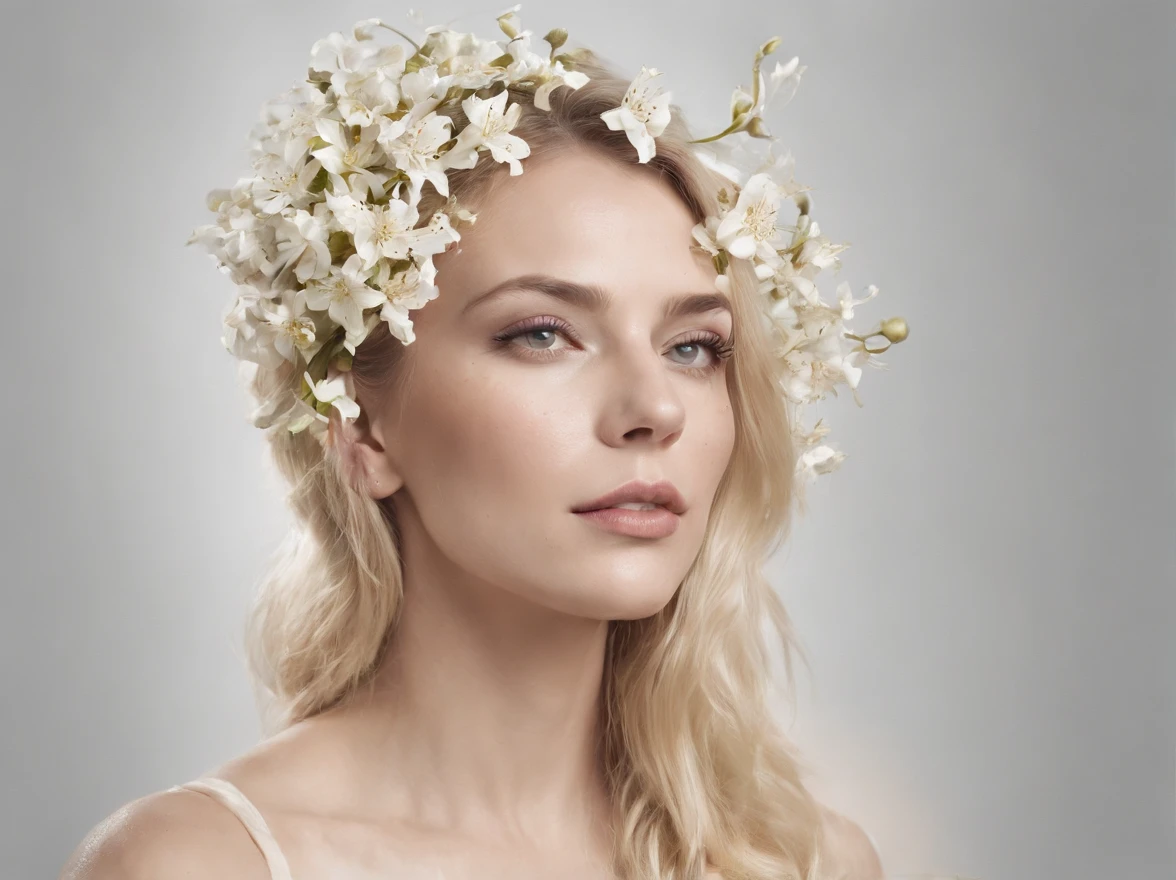 Caucasian woman in an illustration with dripping flowers on her face,upper body,blonde hair, in the style of collage-based, made of insects, william wegman, colorism, white background, pencil art illustrations, national geographic photo