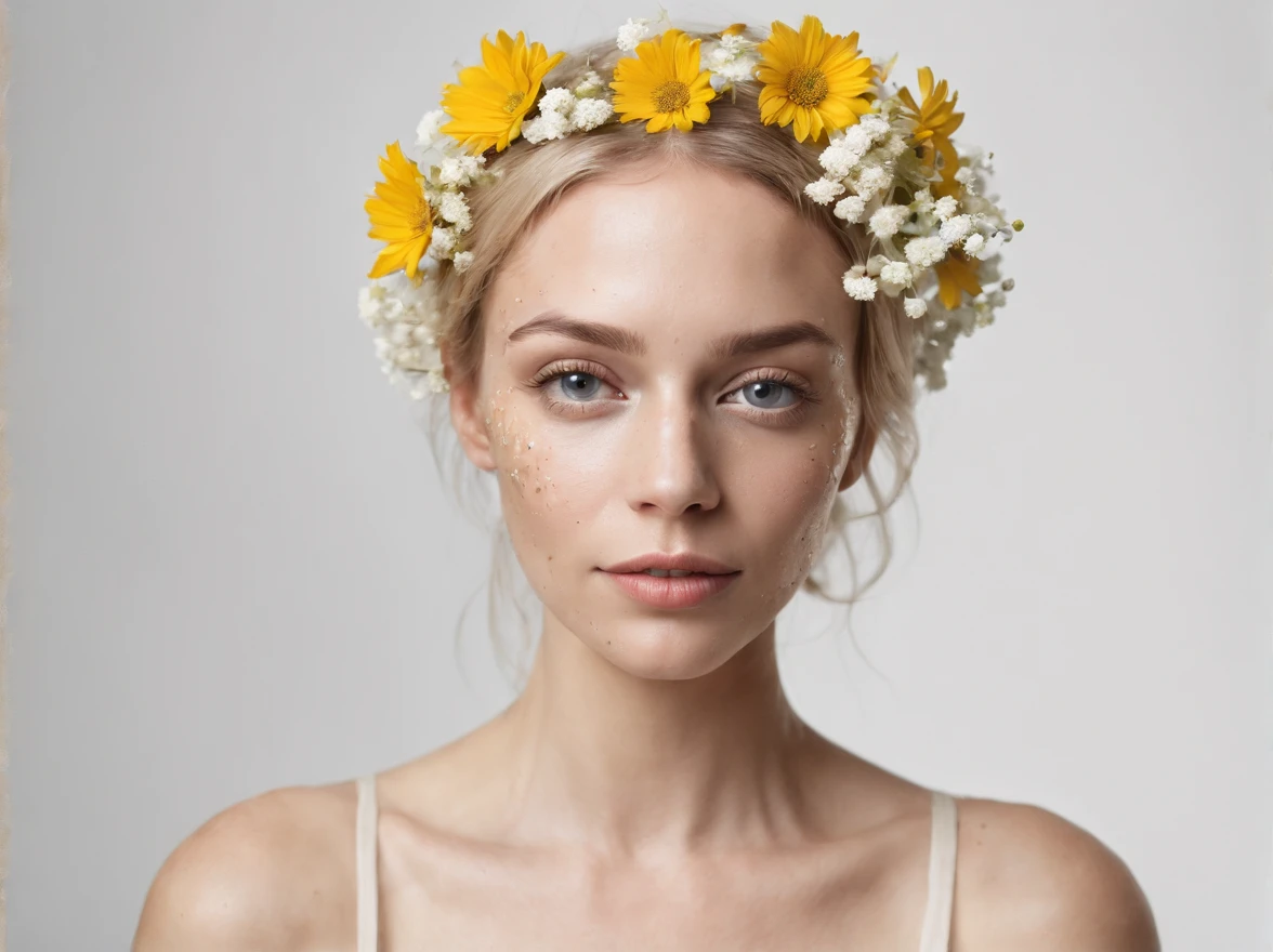 Caucasian woman in an illustration with dripping flowers on her face,upper body,blonde hair, in the style of collage-based, made of insects, william wegman, colorism, white background, pencil art illustrations, national geographic photo