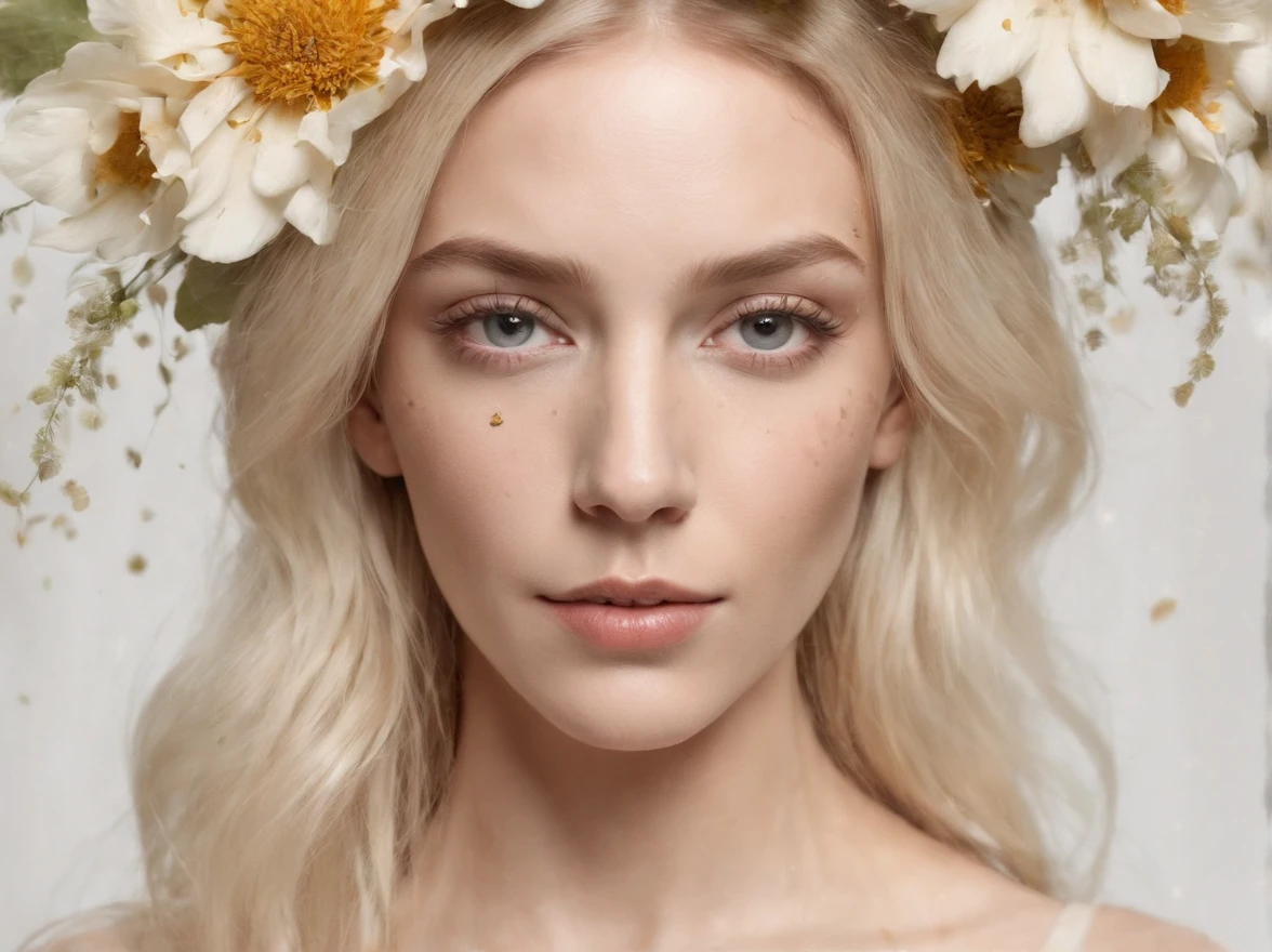 Caucasian woman in an illustration with dripping flowers on her face,upper body,blonde hair, in the style of collage-based, made of insects, william wegman, colorism, white background, pencil art illustrations, national geographic photo