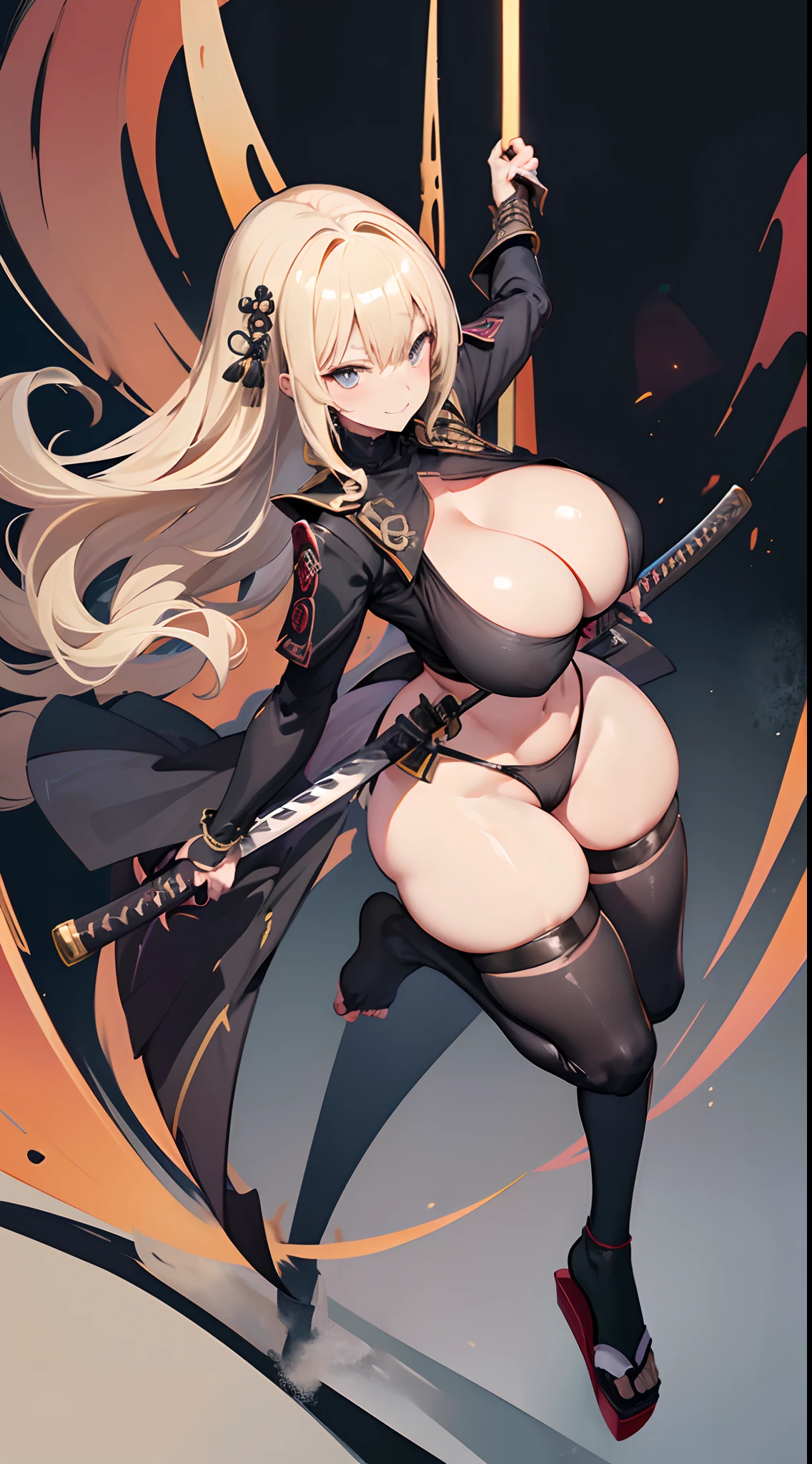 No shoes,Black pantyhose,(gigantic cleavage breasts:1.5) solo person, Solo,heeled sandals,japanese samurai armor,Blonde curls,Full body like,katana swords,grin face