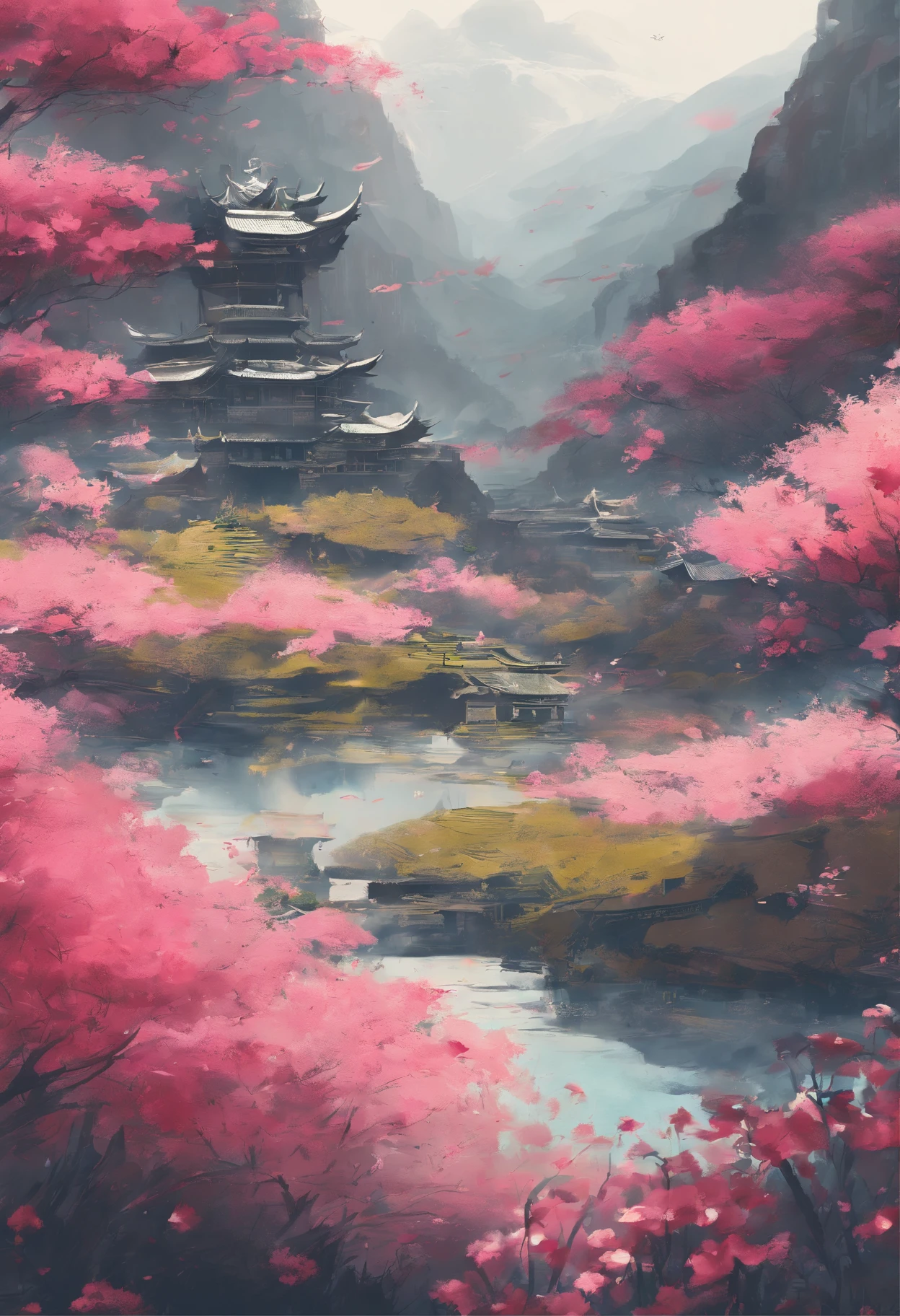 Field with beautiful flowers (close-up cleavage), meditate, Zazen, A meditative (Chinese landscape painting), (ink and watercolor painting), (8k wallpaper), (Light and Shadow Effect), rendering by octane, White balance design, Extremely detailed image representation, Wide angles, depth of fields, masterpiece, realistic, beautifully portrayed, a detailed, accurate, Masterpieces, masterpiece”
