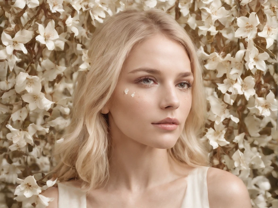 Caucasian woman in an illustration with dripping flowers on her face,upper body,blonde hair, in the style of collage-based, made of insects, william wegman, colorism, white background, pencil art illustrations, national geographic photo